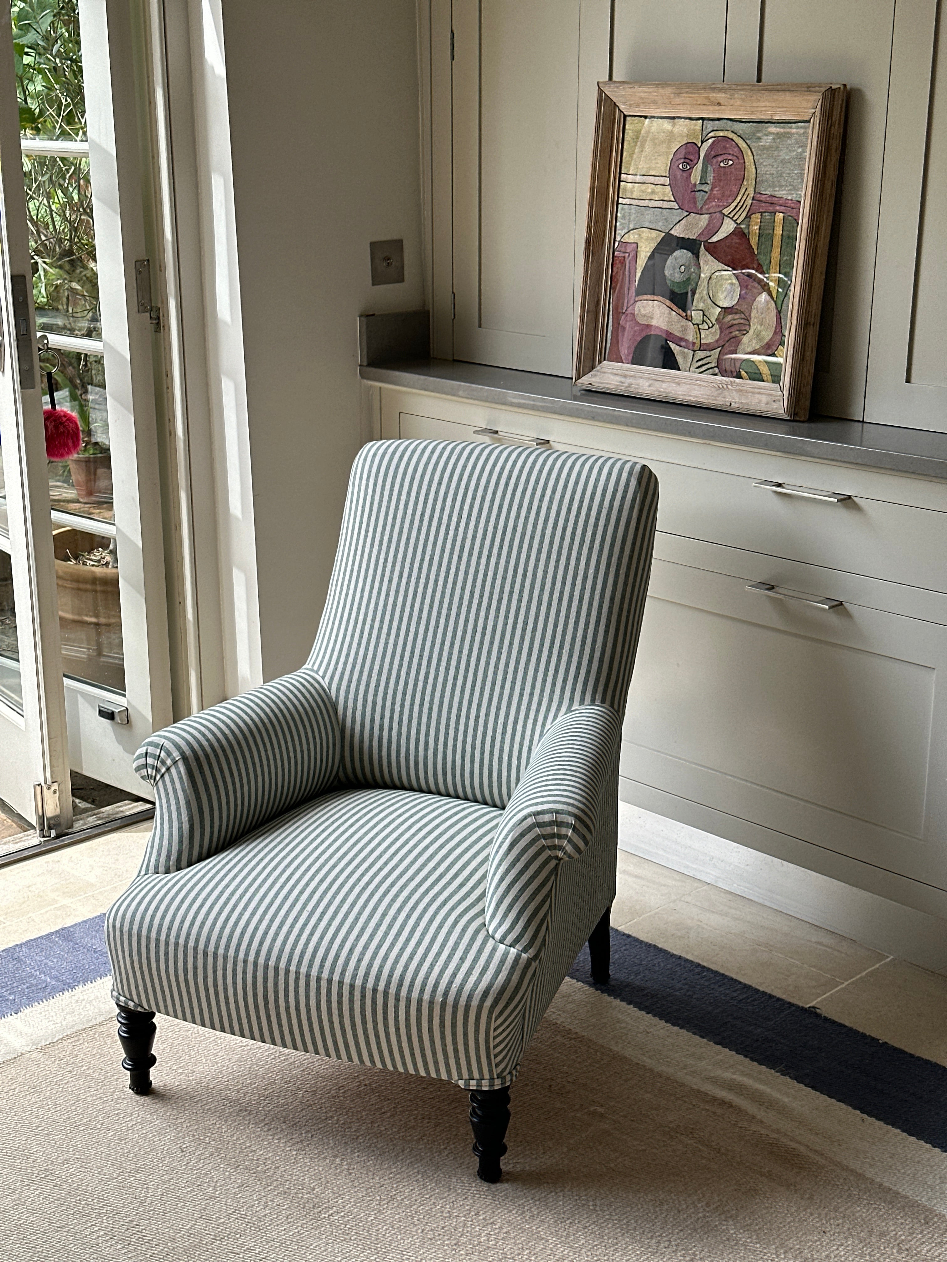 Small Napoleon III Square Back Chair in Green Ticking