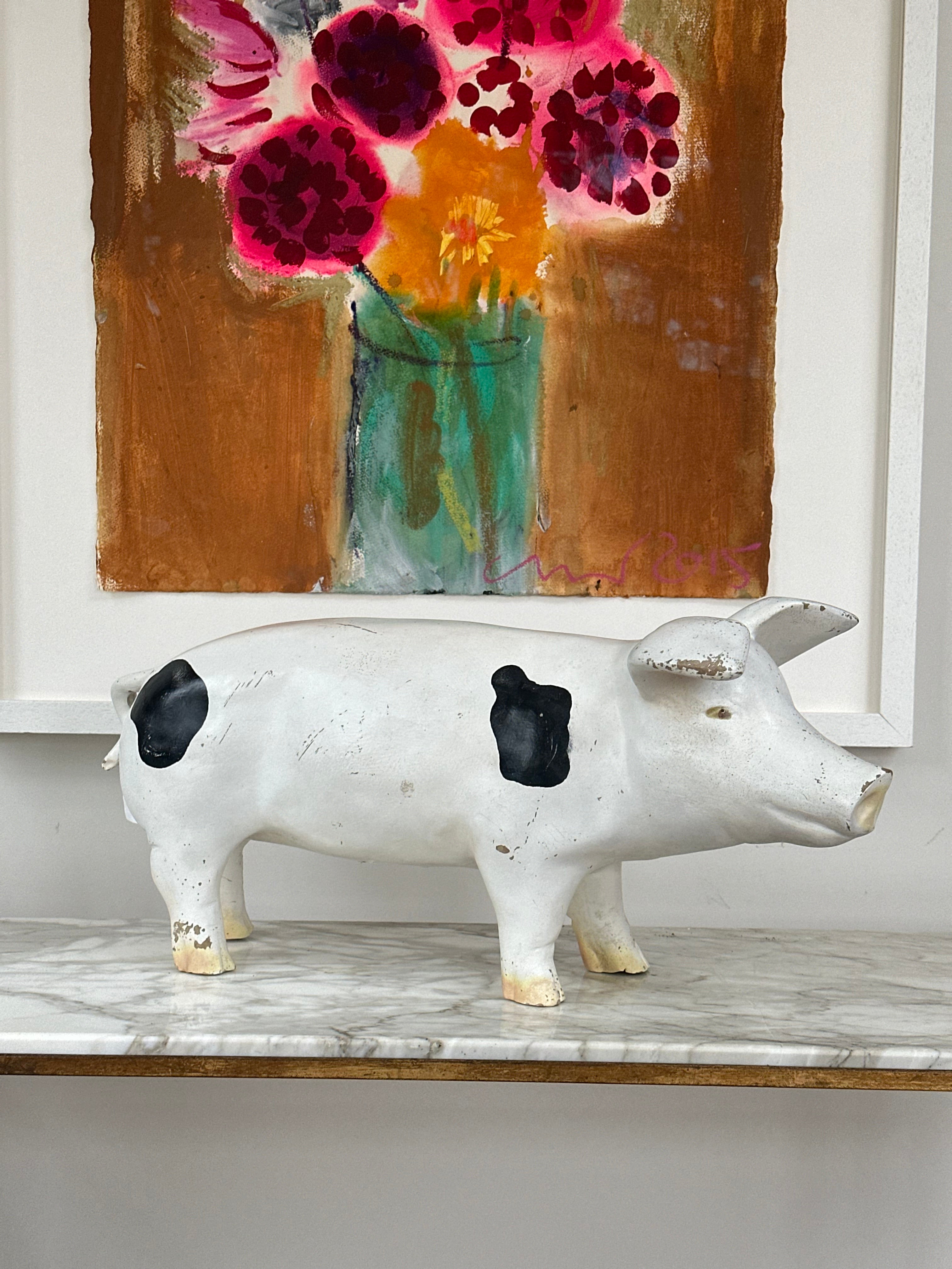 Large 20th Century White and Black Wooden Pig from Butchers in Winches