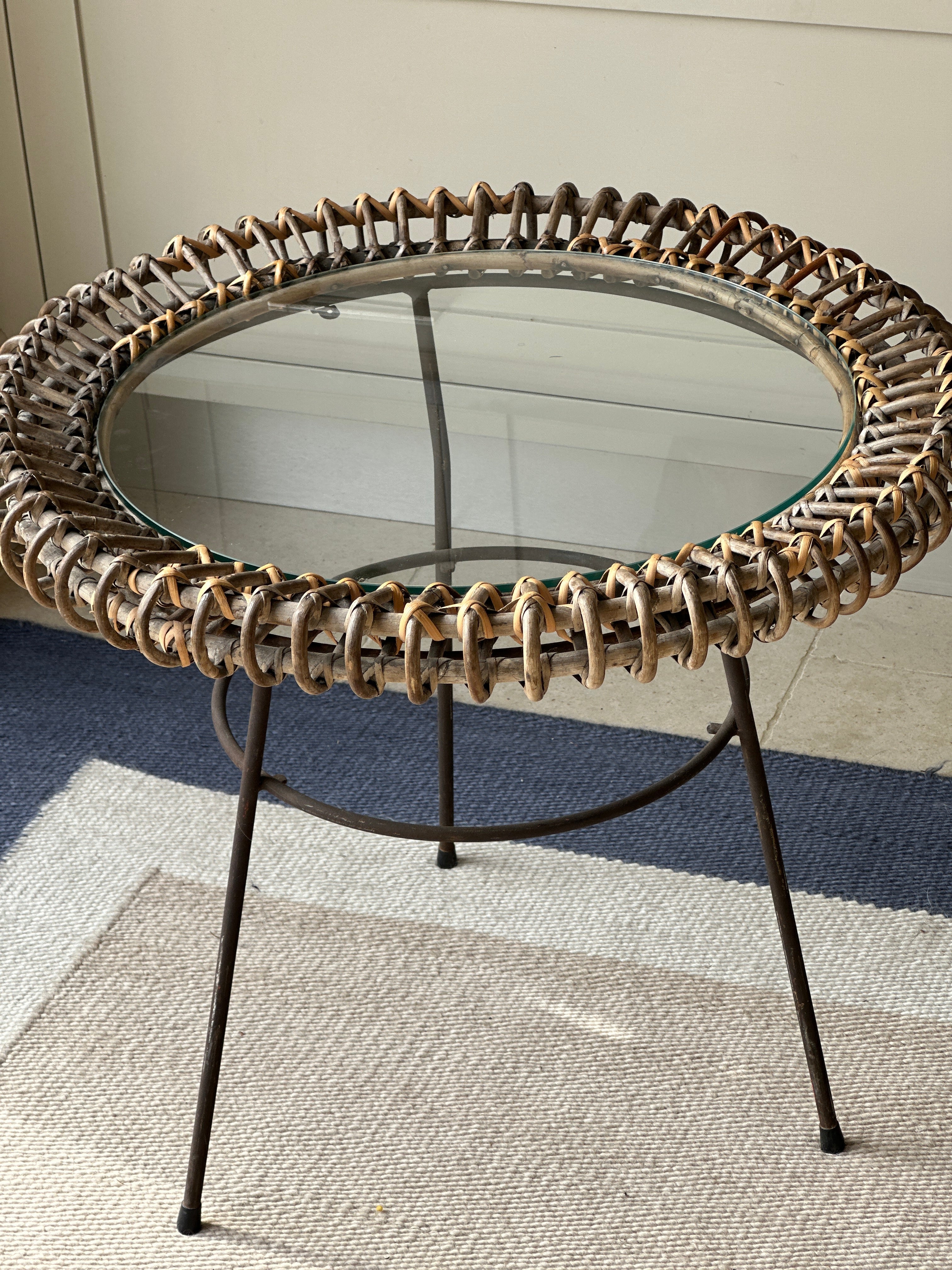 Italian Mid Century Rattan, Iron and Glass Coffee Table