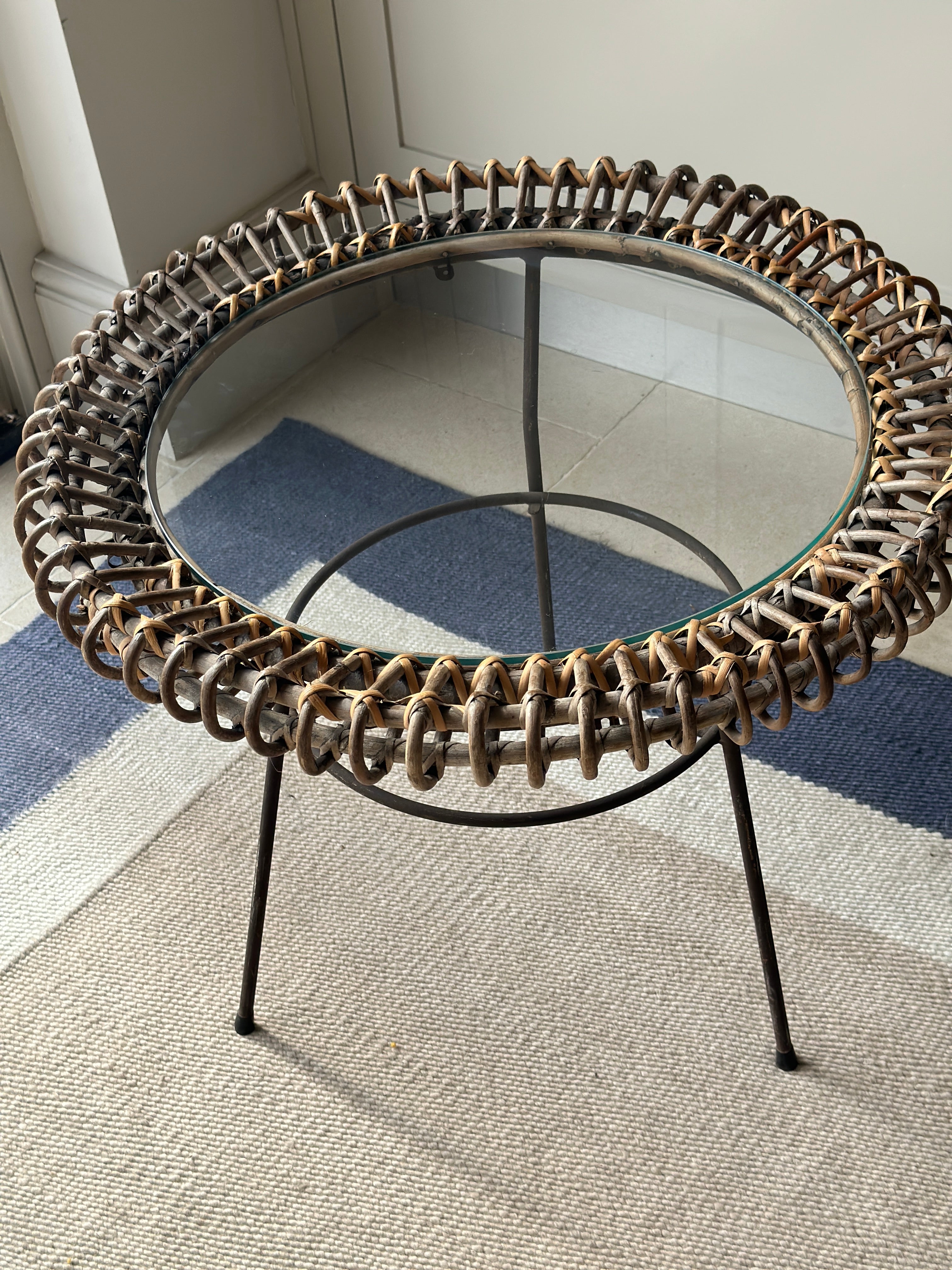 Italian Mid Century Rattan, Iron and Glass Coffee Table