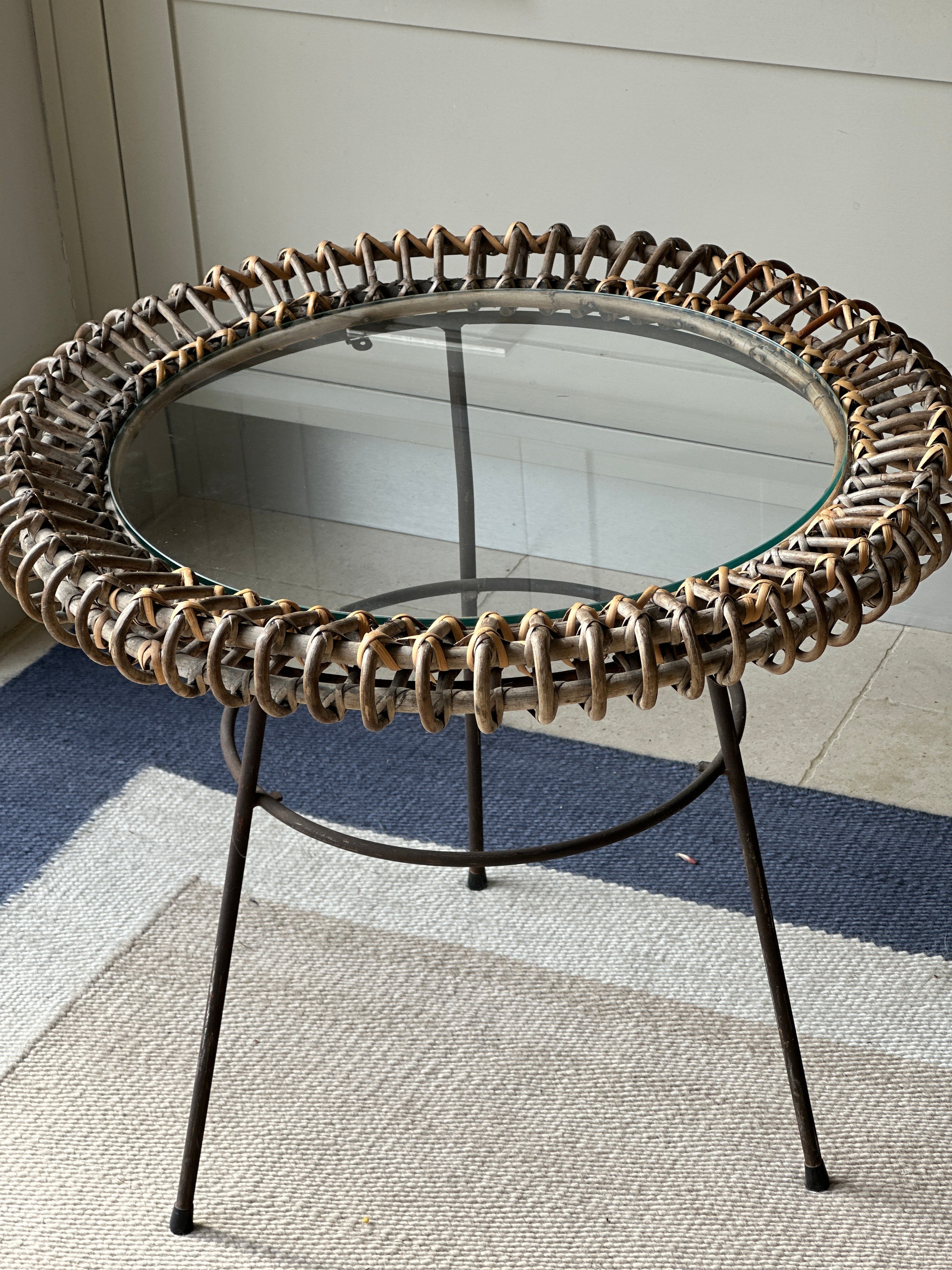 Italian Mid Century Rattan, Iron and Glass Coffee Table