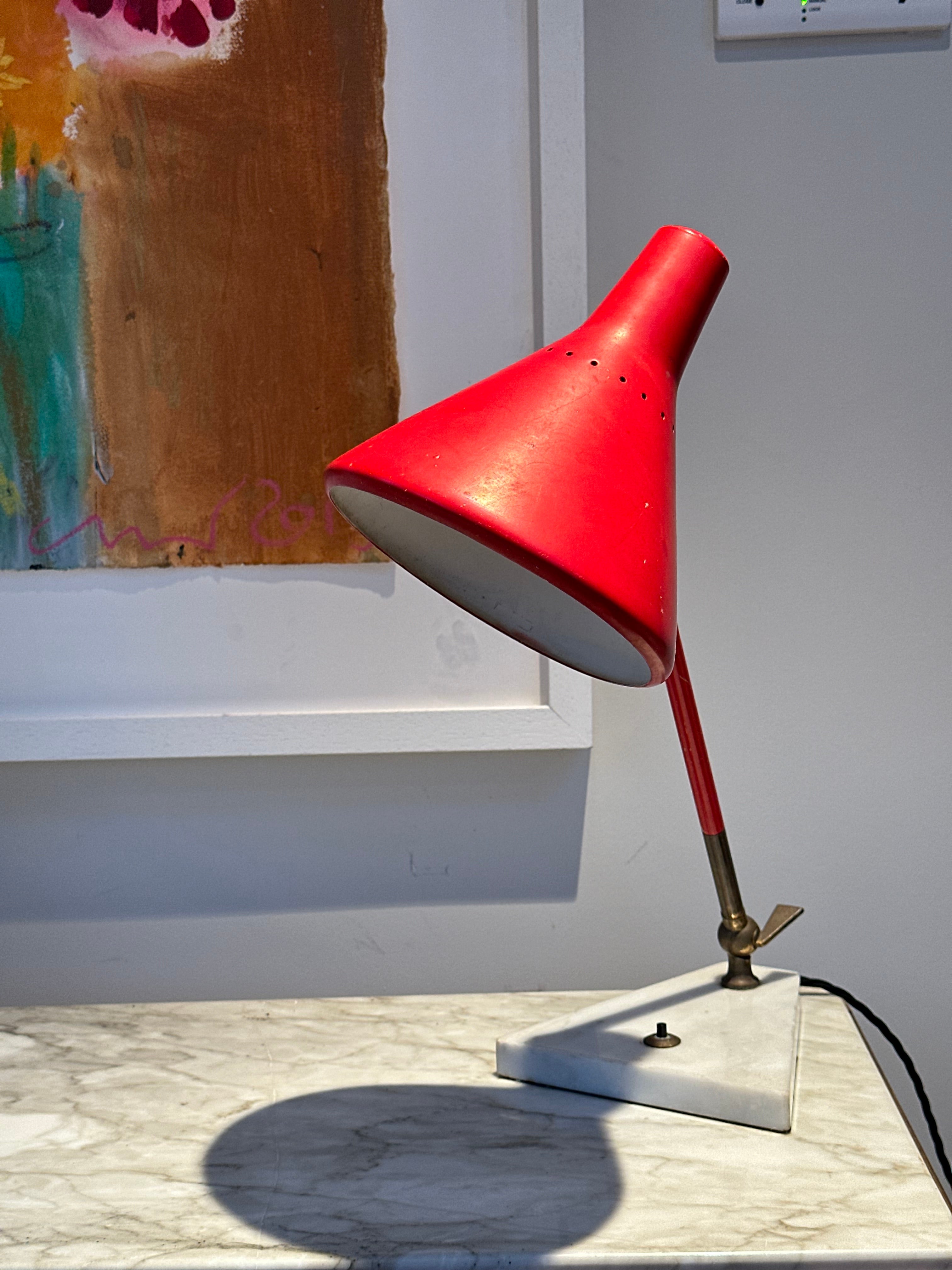 Italian Mid Century Red Desk Lamp with White Marble Base