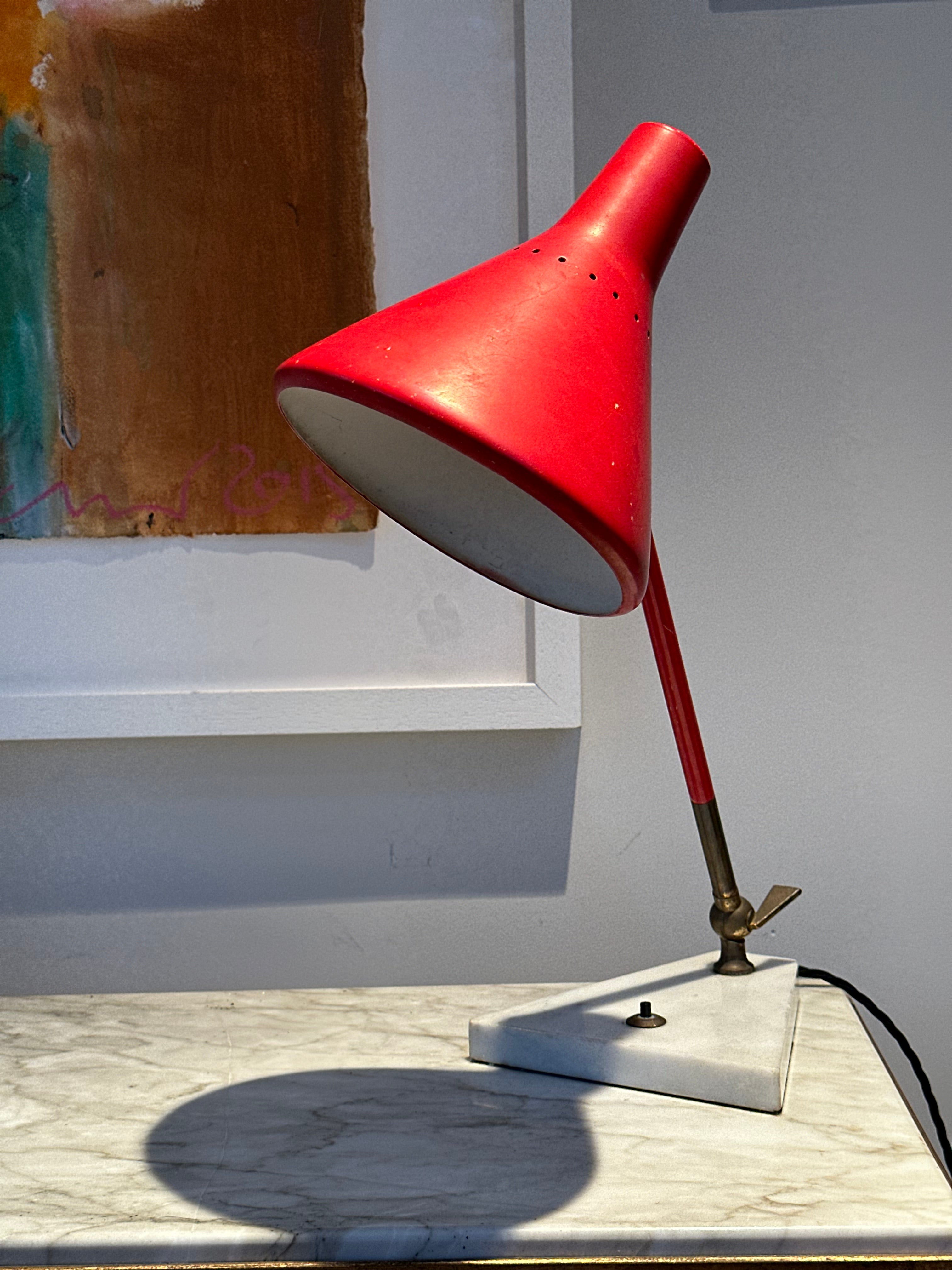 Italian Mid Century Red Desk Lamp with White Marble Base