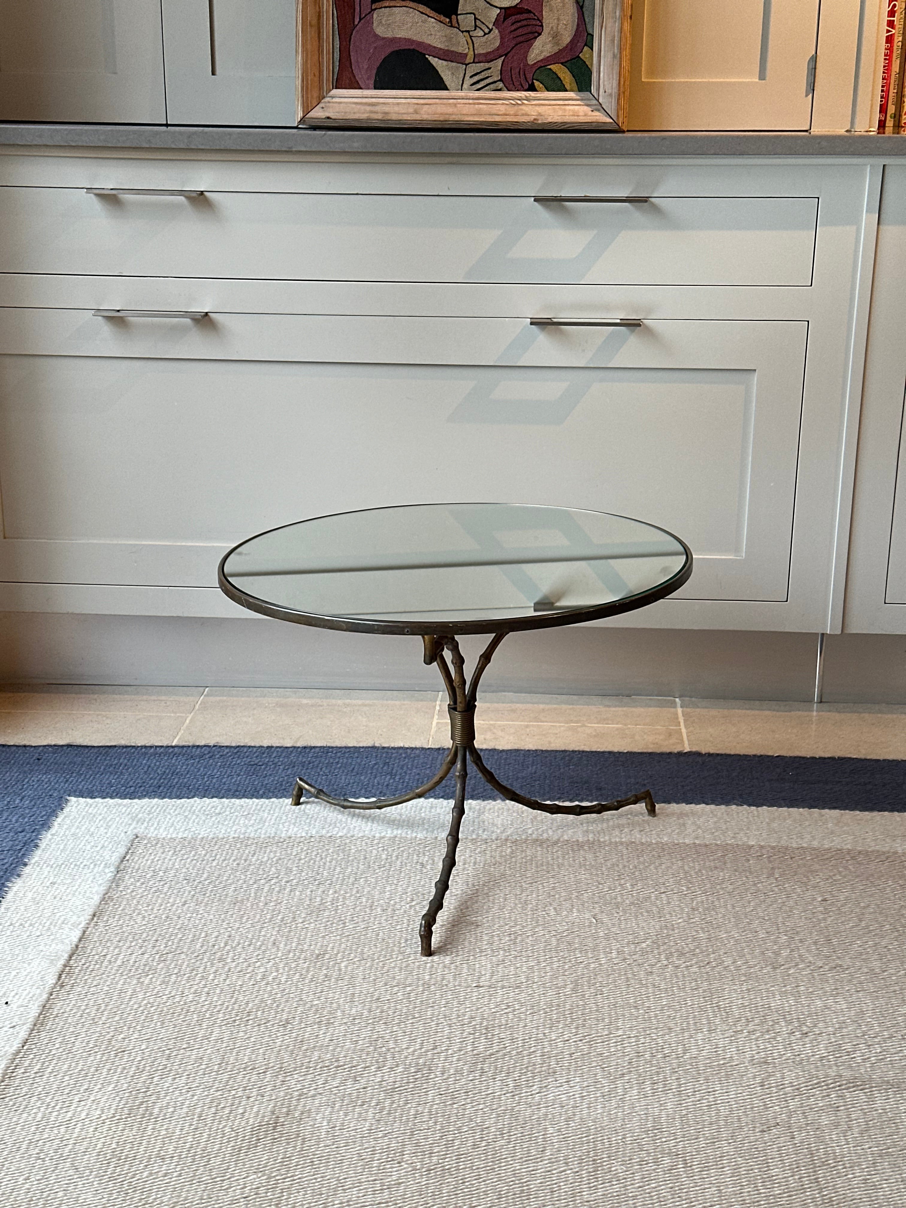 Faux Bamboo Brass and Mirrored Glass Side Table