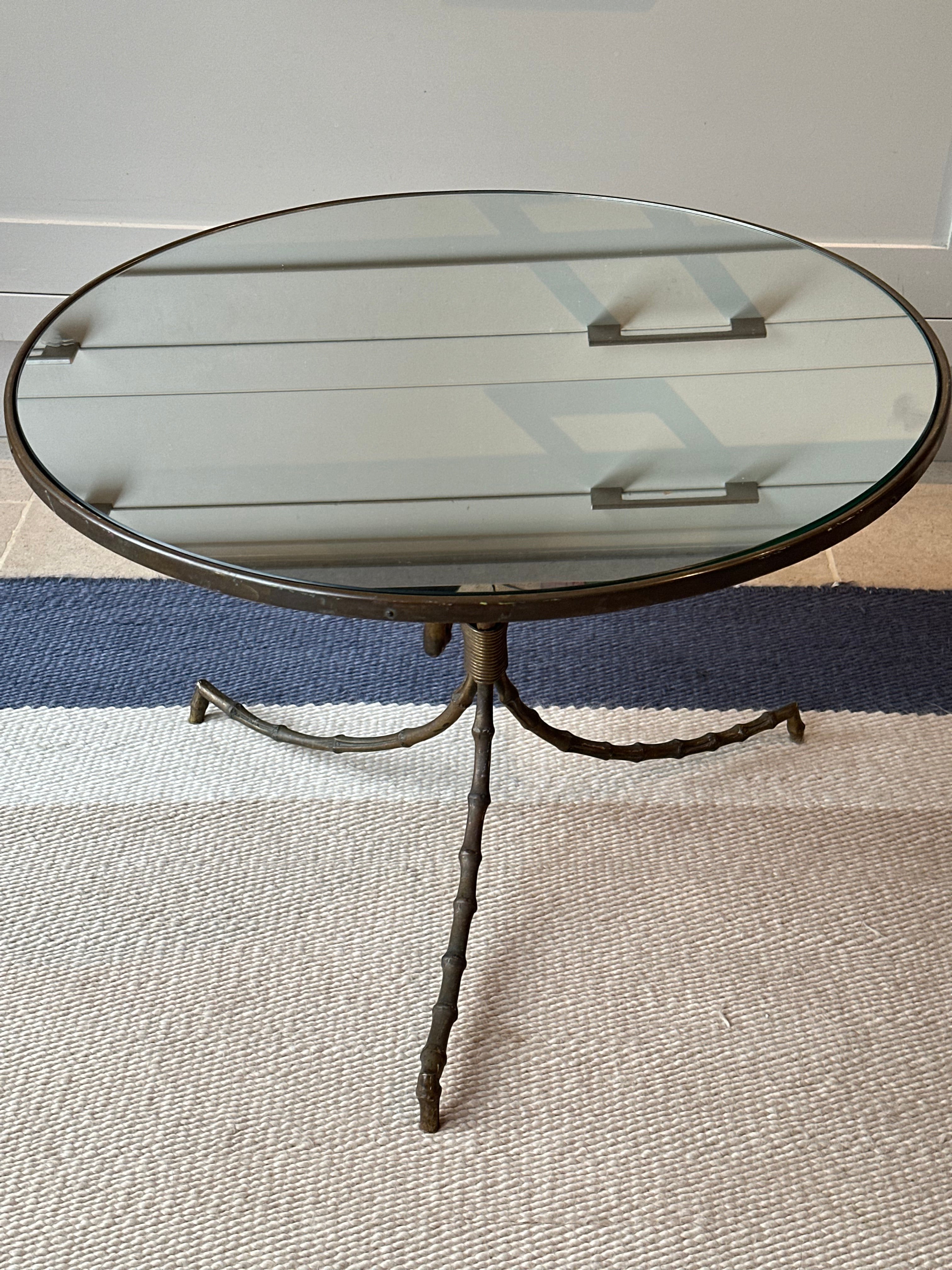 Faux Bamboo Brass and Mirrored Glass Side Table