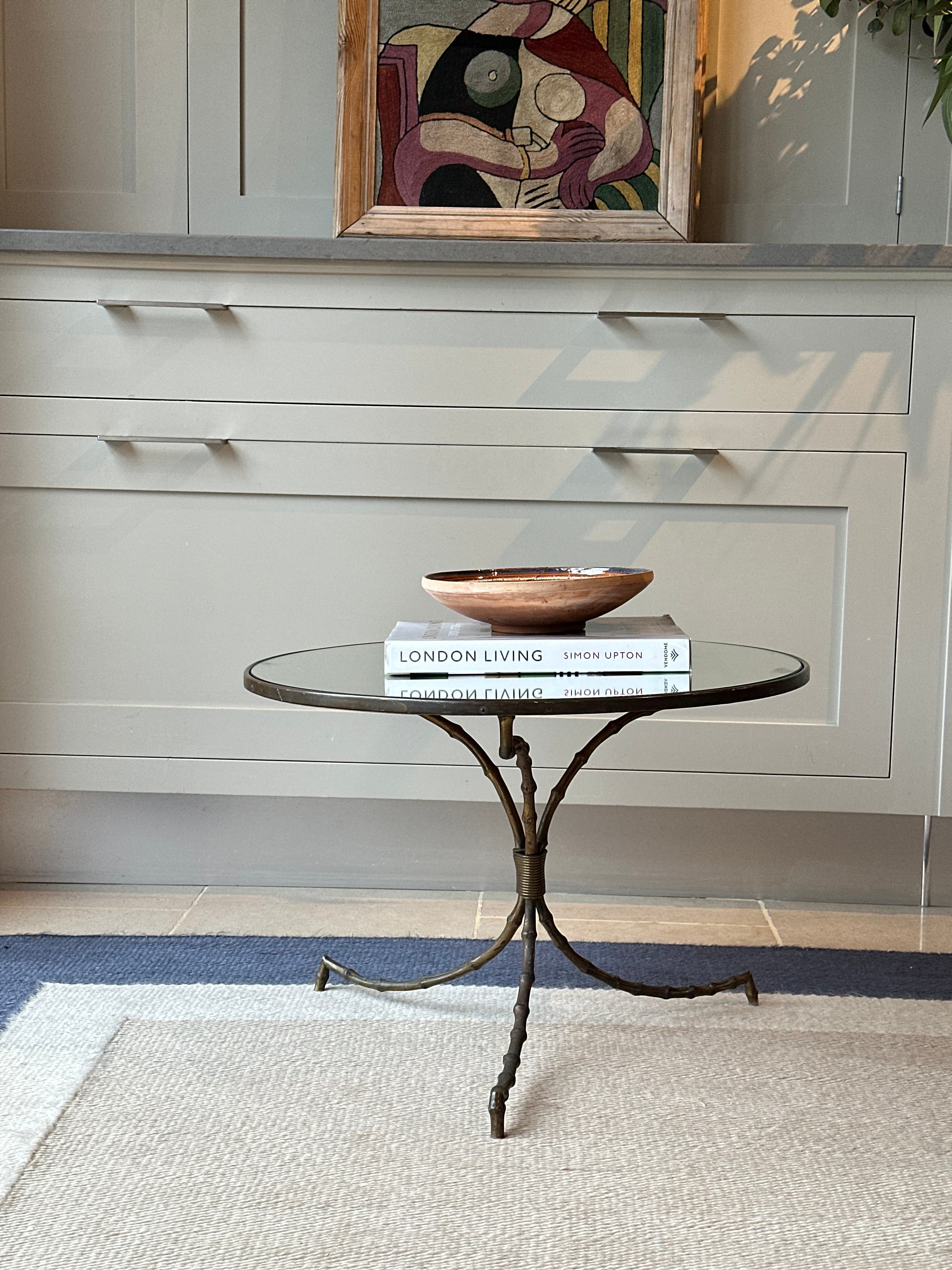 Faux Bamboo Brass and Mirrored Glass Side Table