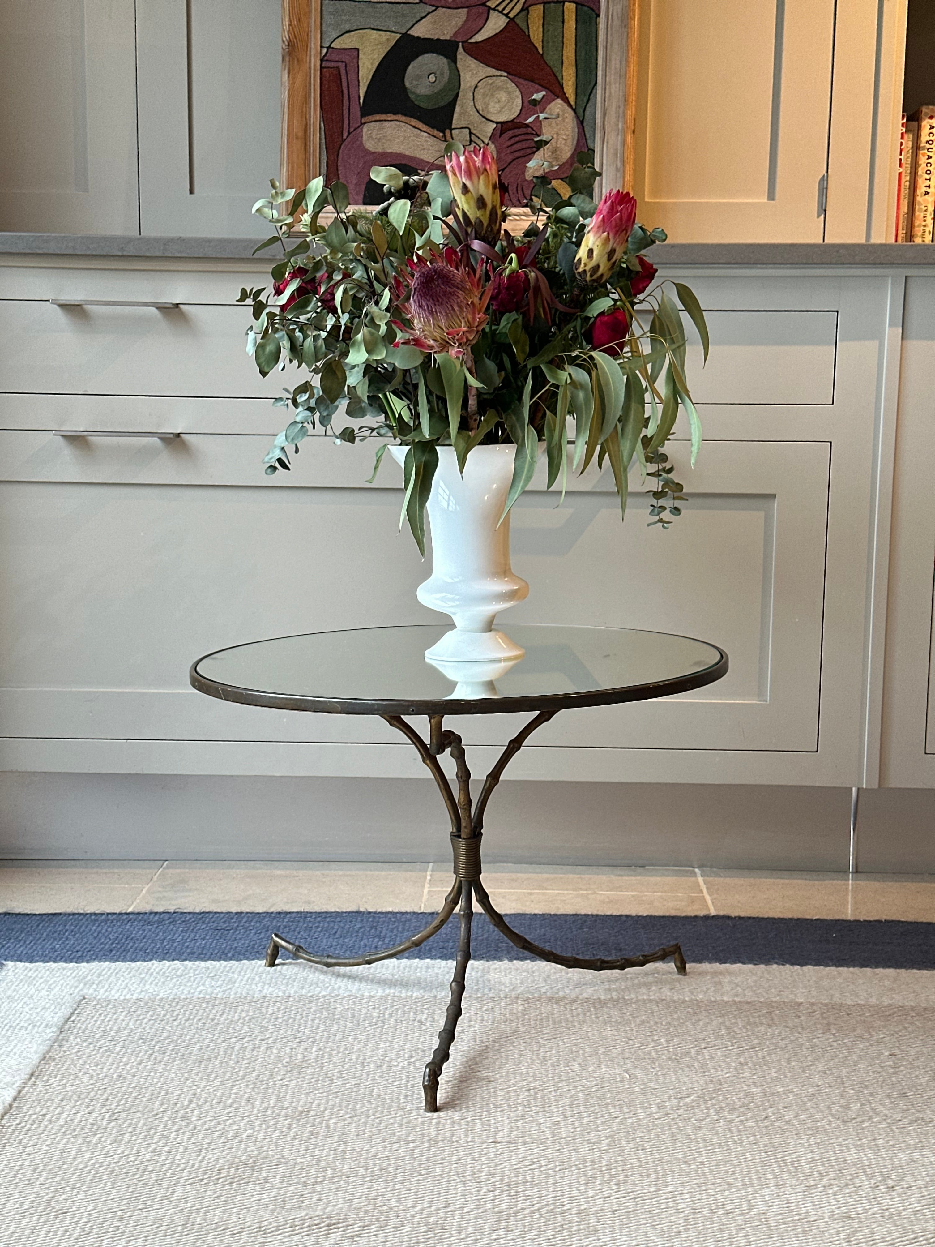 Faux Bamboo Brass and Mirrored Glass Side Table