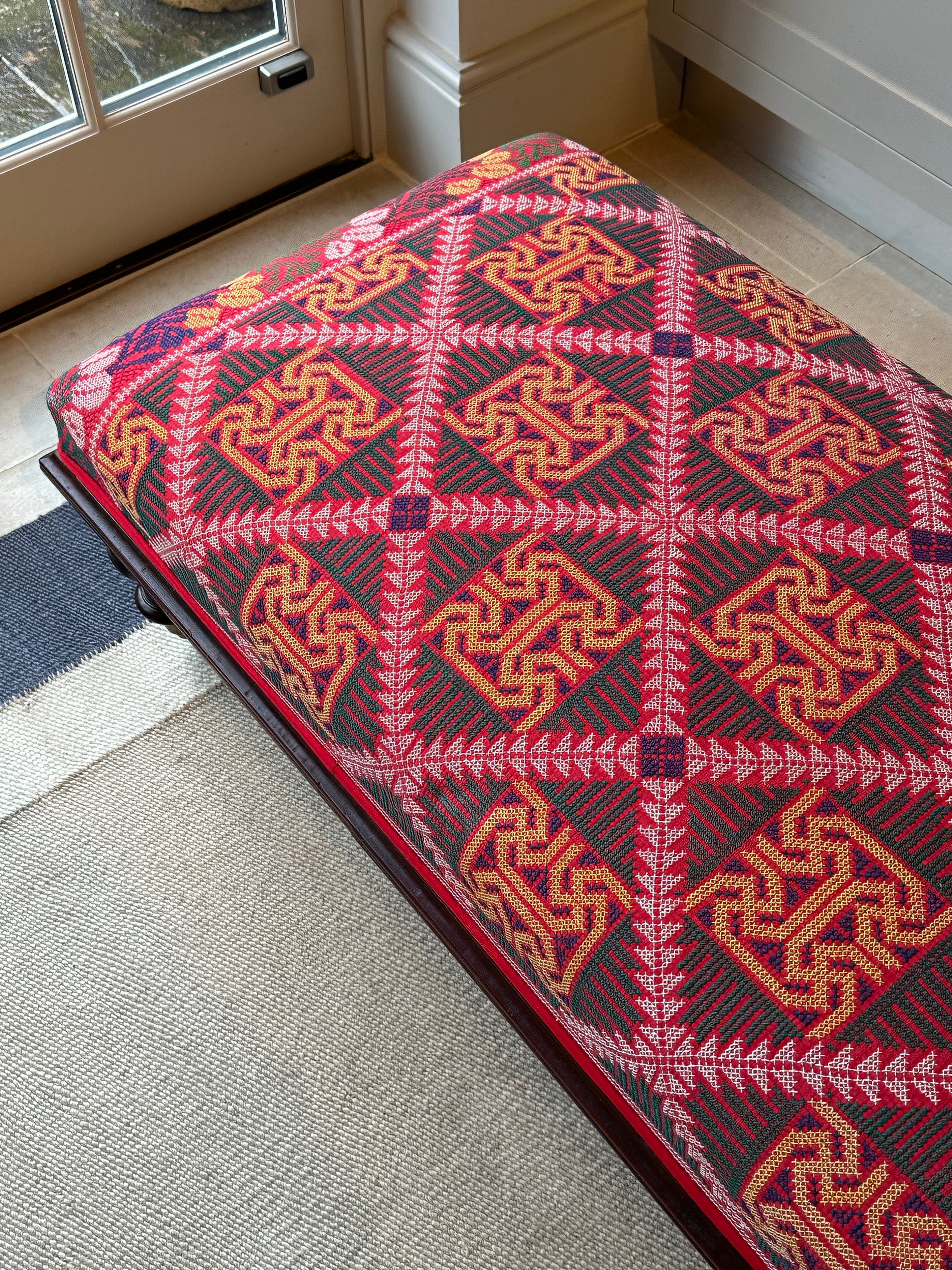 Large Footstool Upholstered in Vintage Bengal Textile