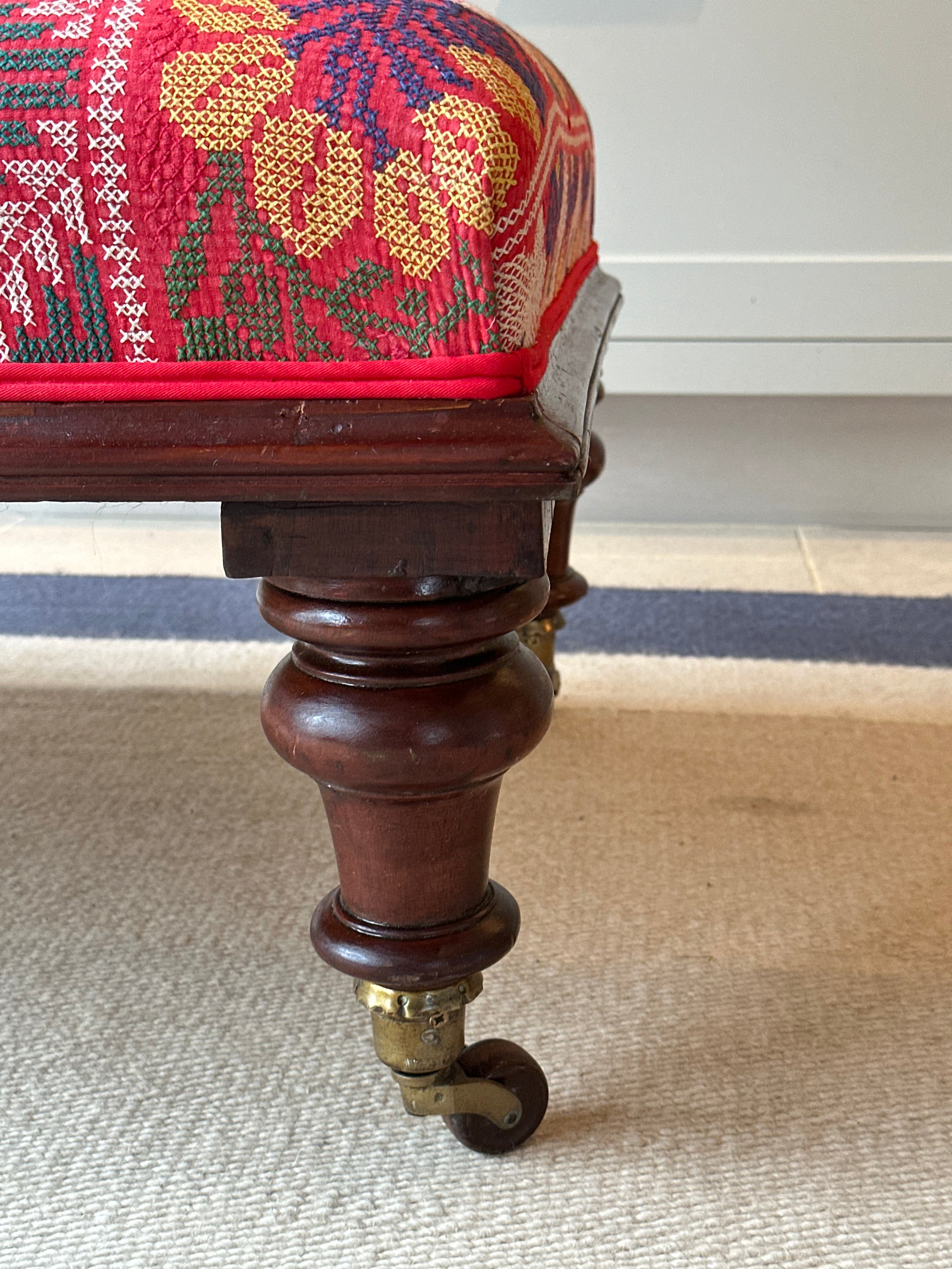 Large Footstool Upholstered in Vintage Bengal Textile