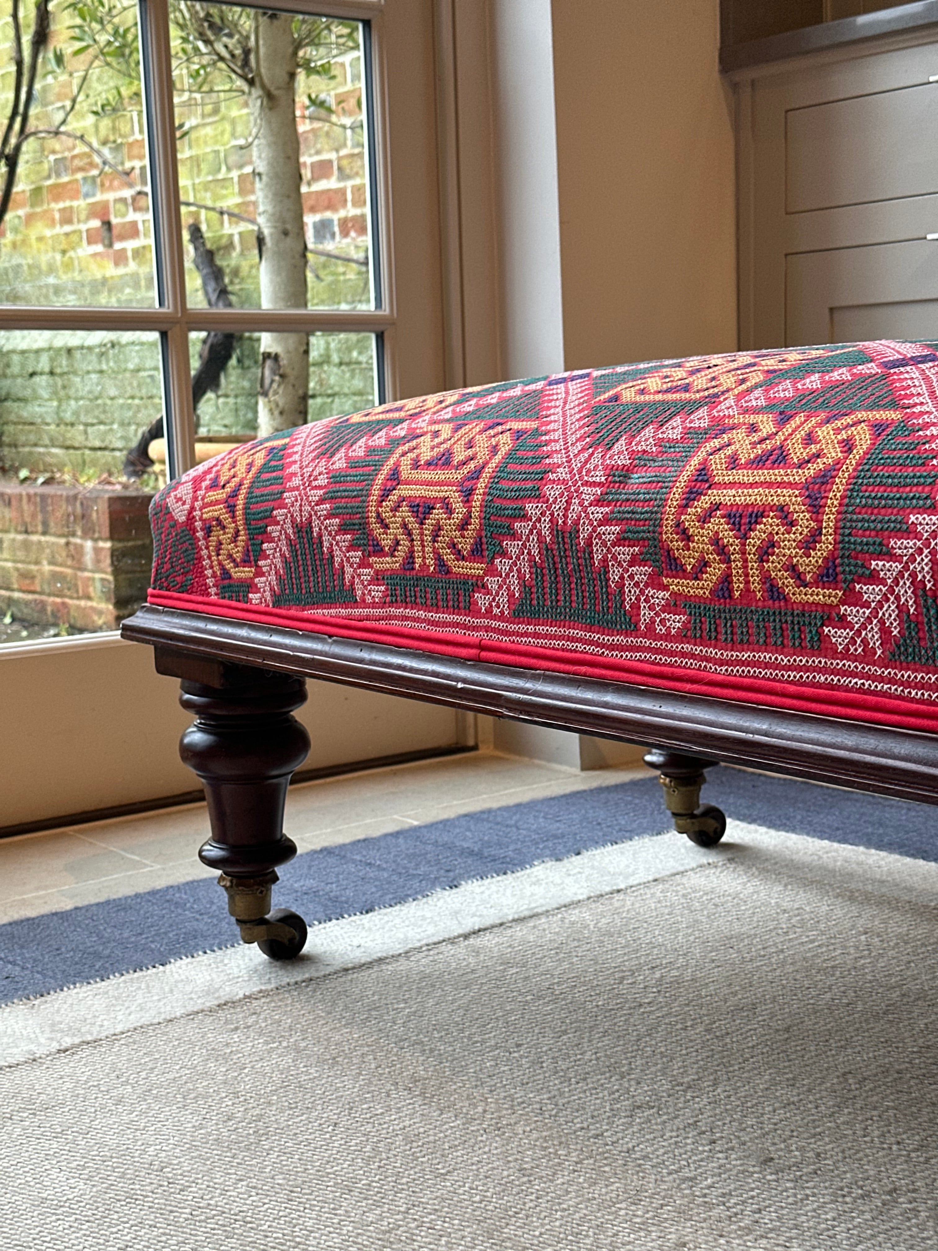 Large Footstool Upholstered in Vintage Bengal Textile