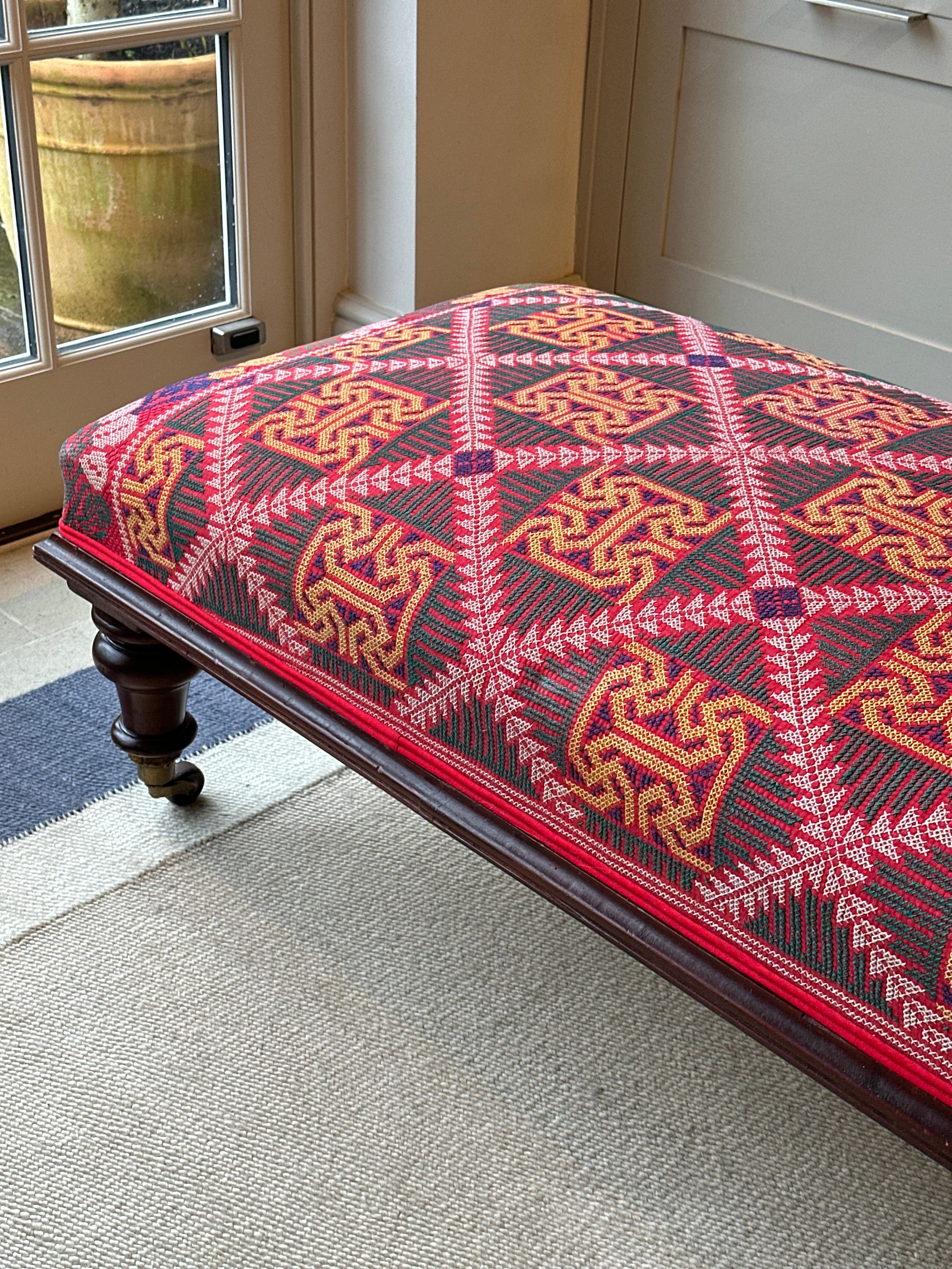 Large Footstool Upholstered in Vintage Bengal Textile