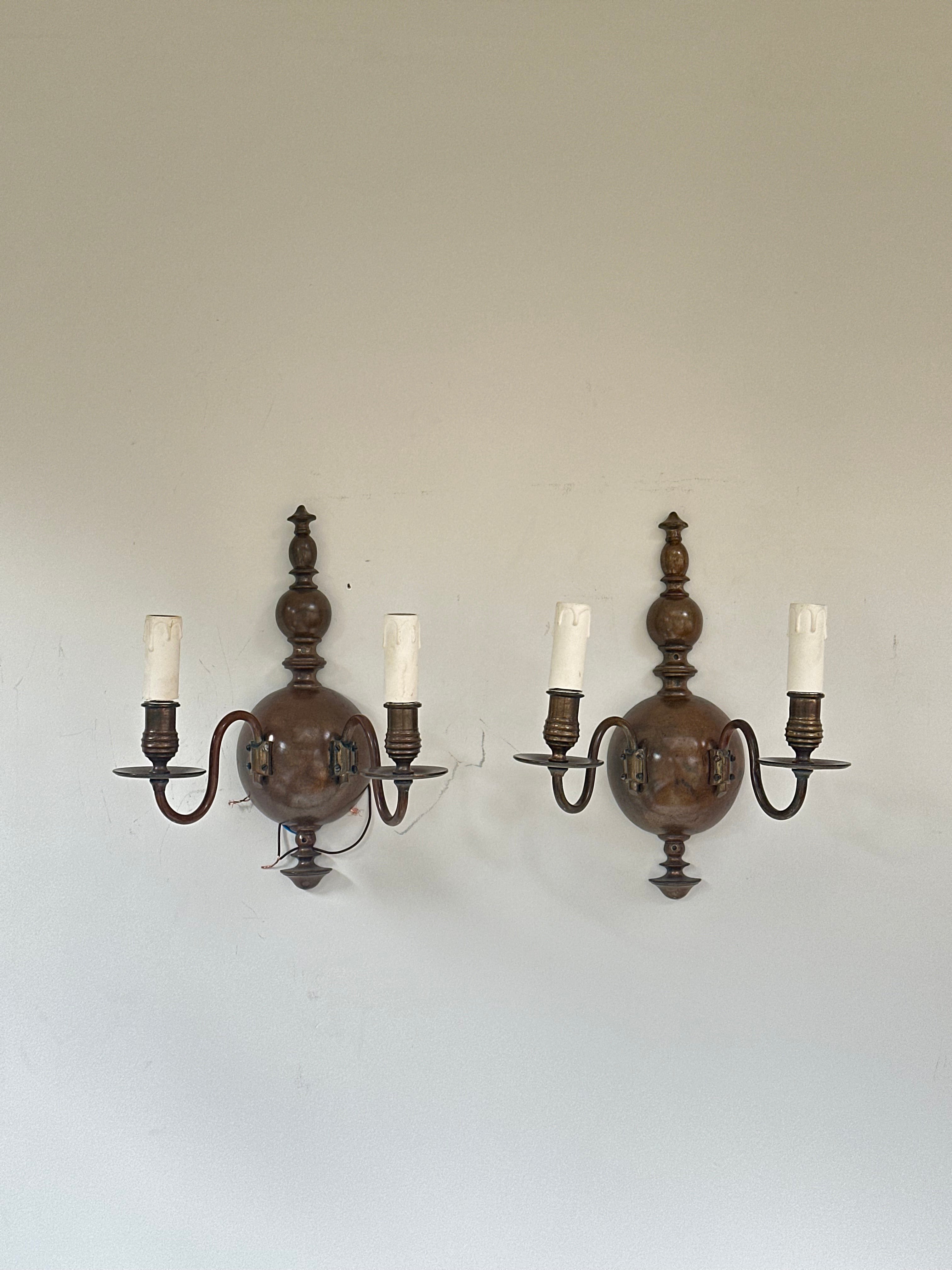 C1900 Pair of English Wall Lights in Original Patinated Brass Finish