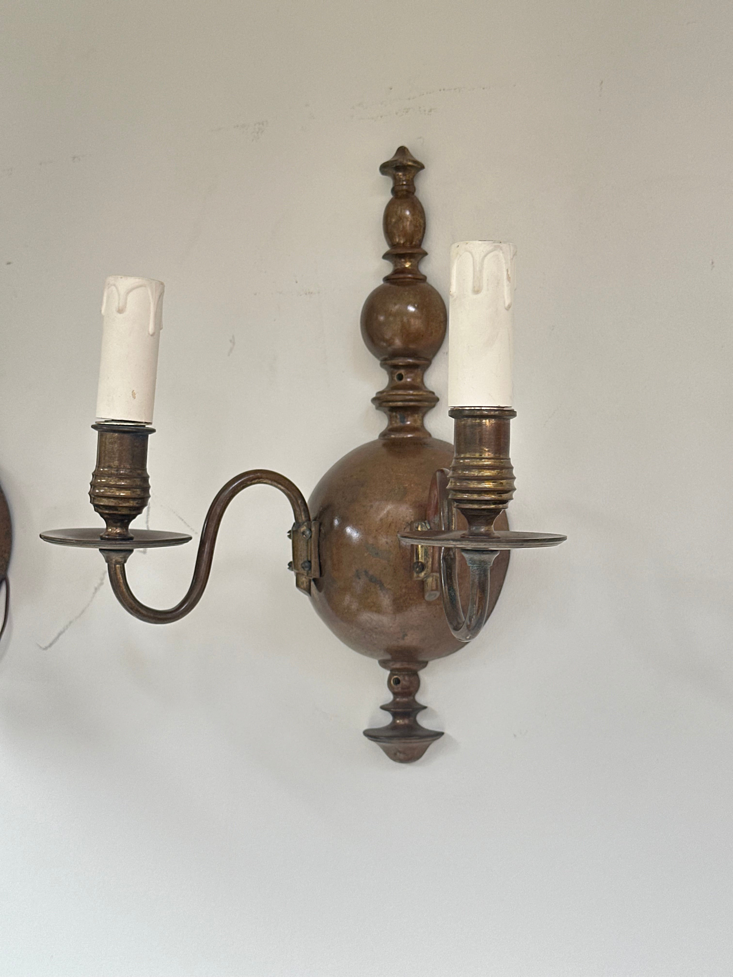 C1900 Pair of English Wall Lights in Original Patinated Brass Finish