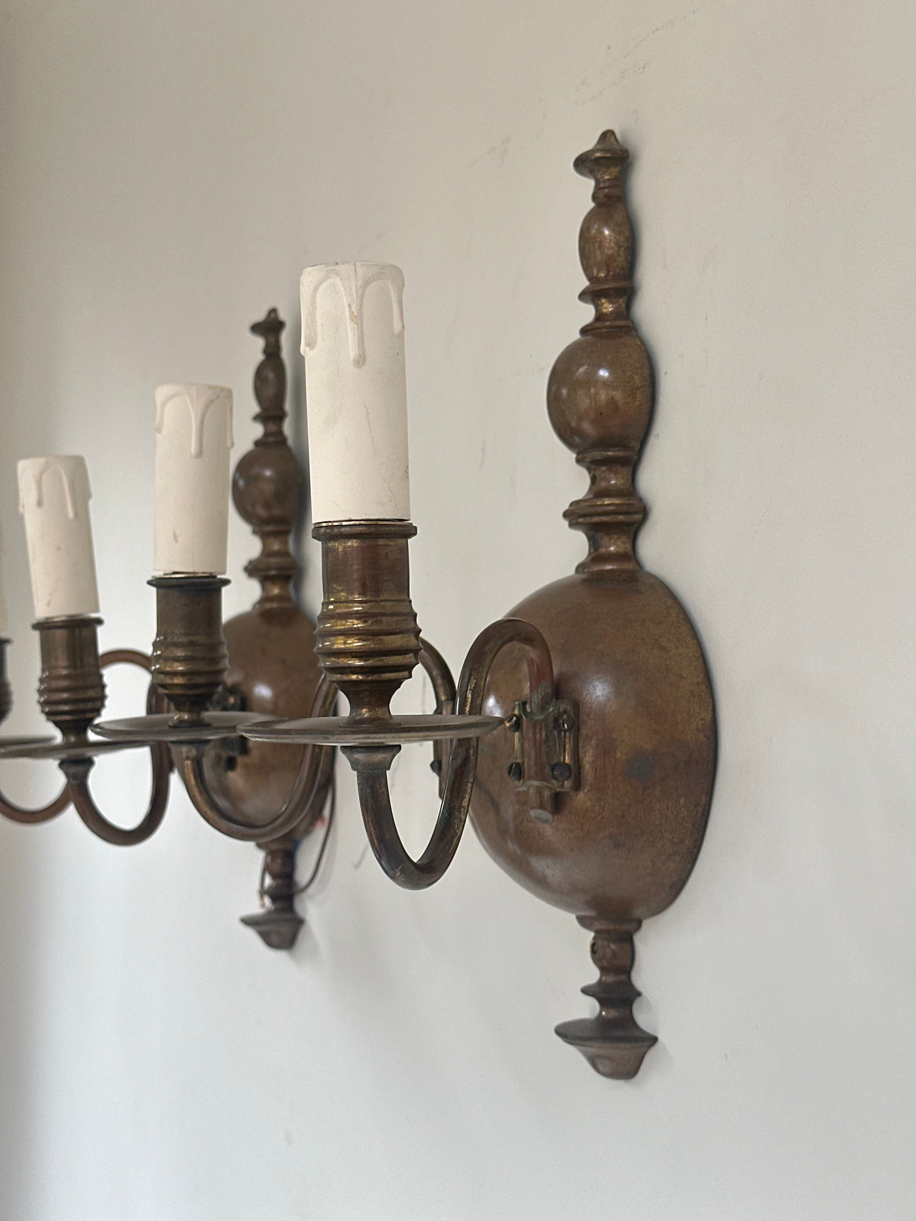 C1900 Pair of English Wall Lights in Original Patinated Brass Finish