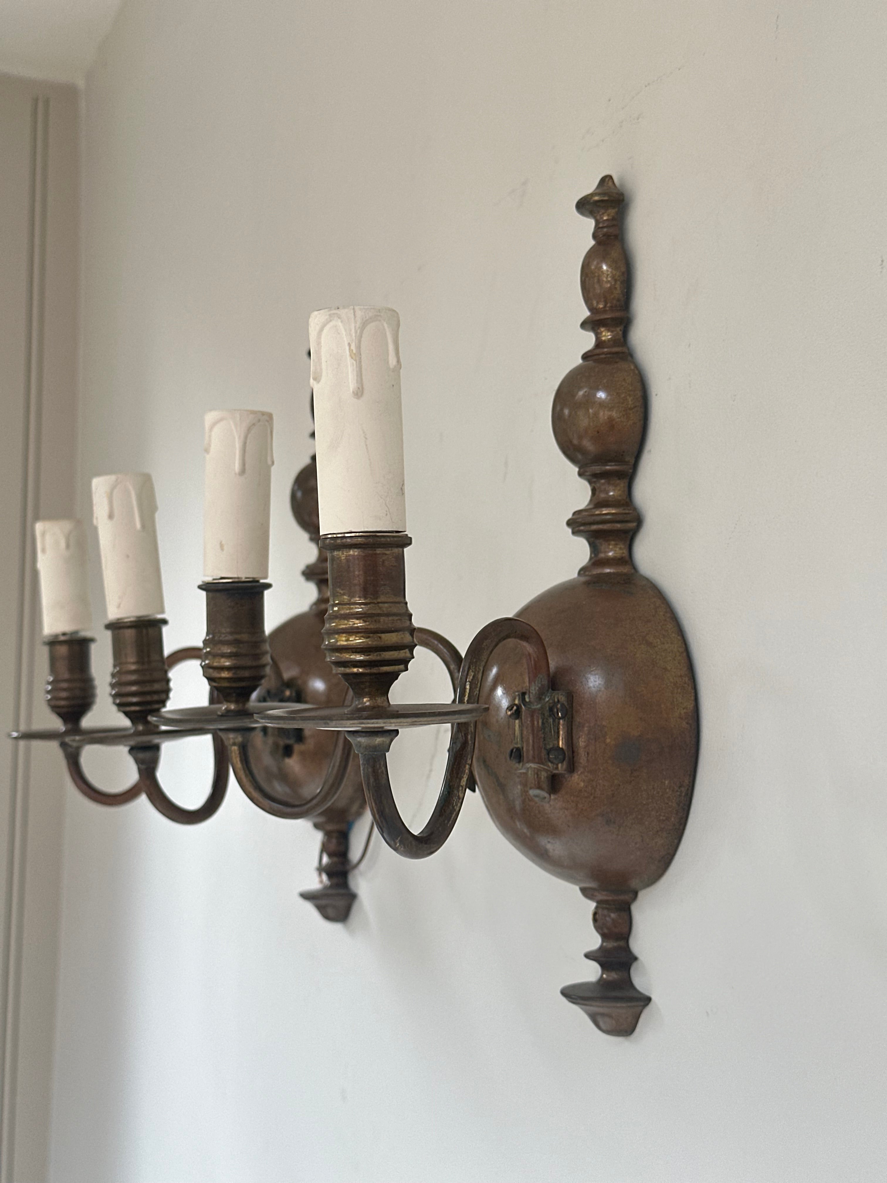 C1900 Pair of English Wall Lights in Original Patinated Brass Finish