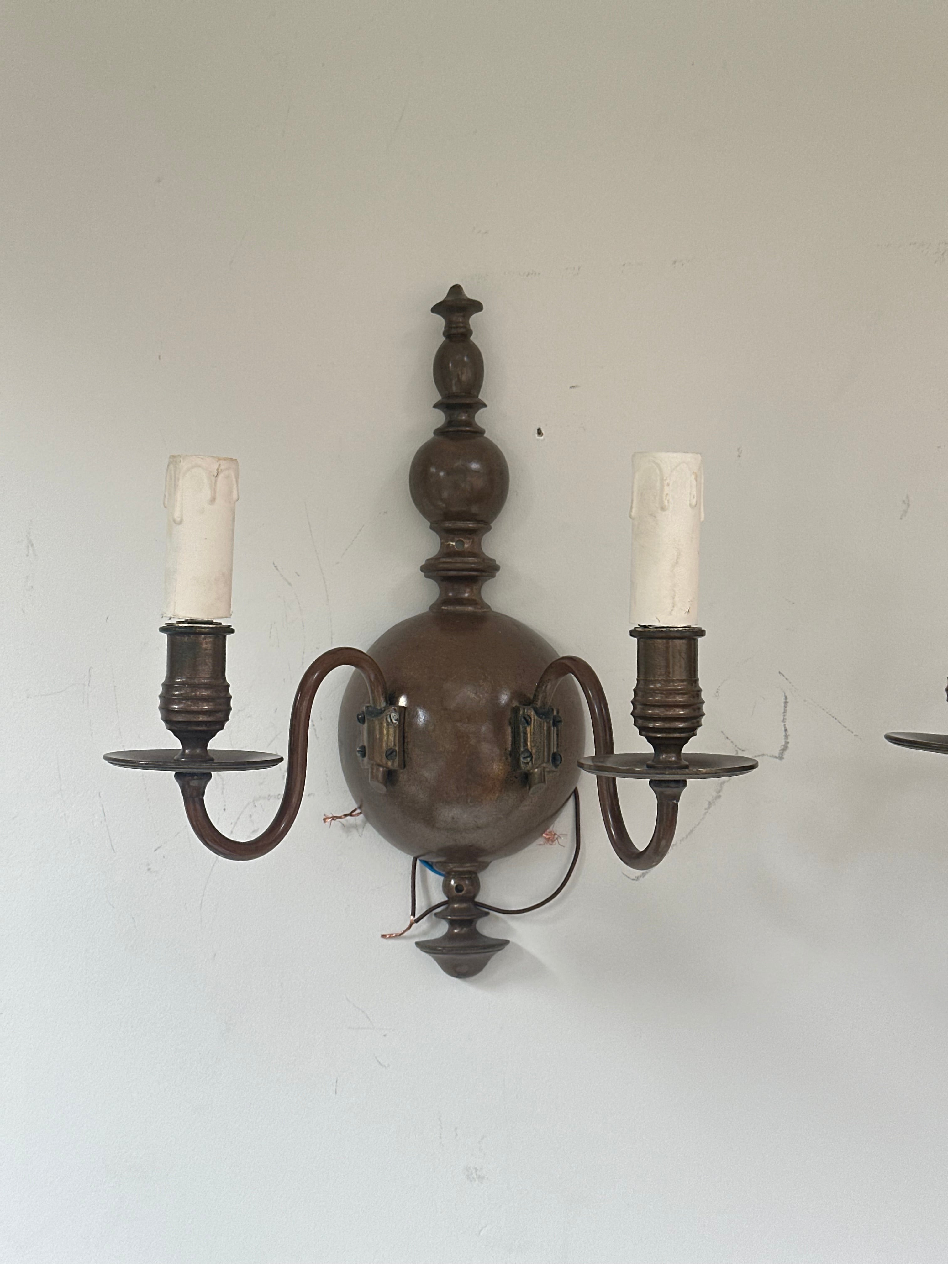 C1900 Pair of English Wall Lights in Original Patinated Brass Finish