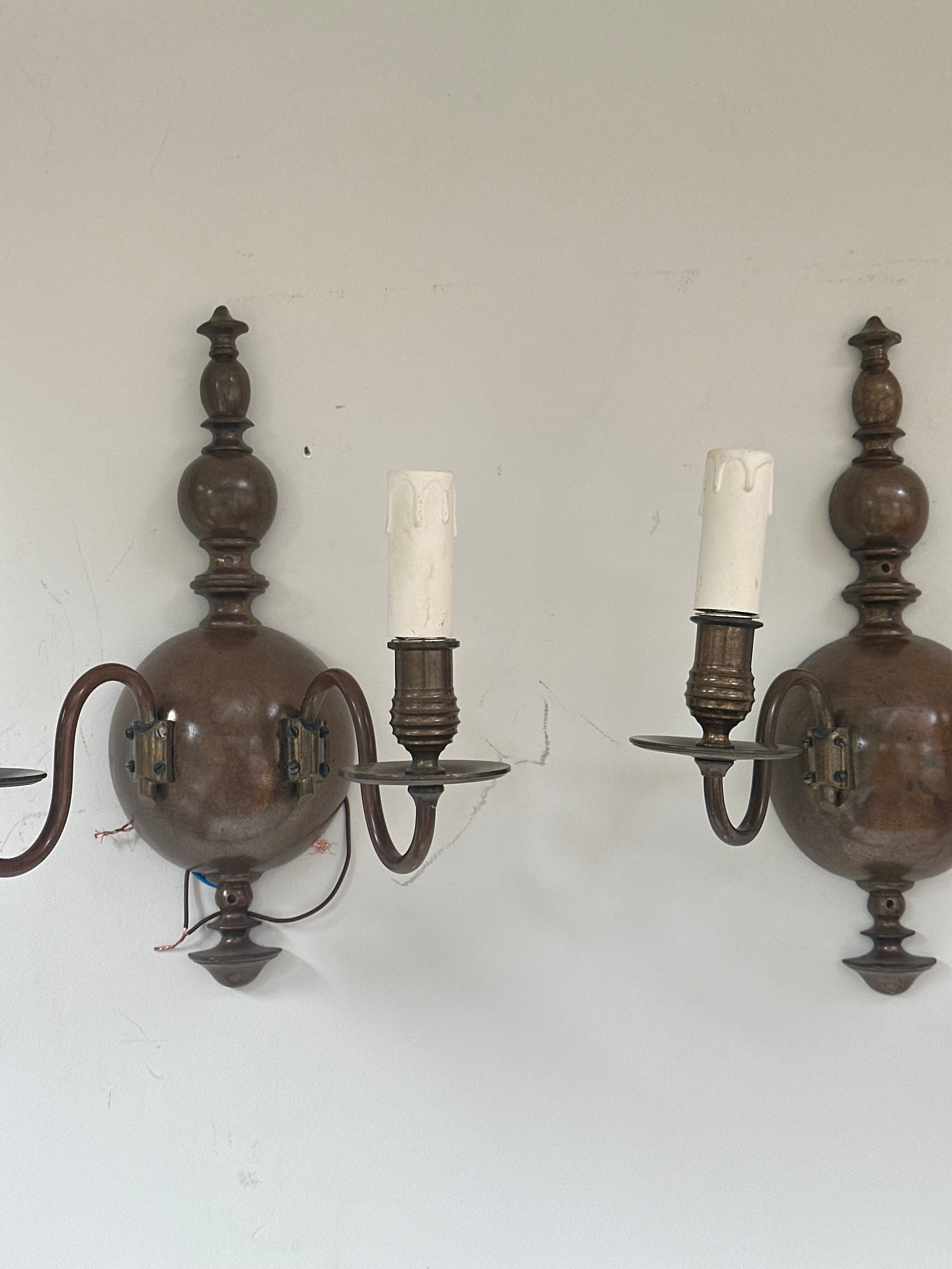 C1900 Pair of English Wall Lights in Original Patinated Brass Finish