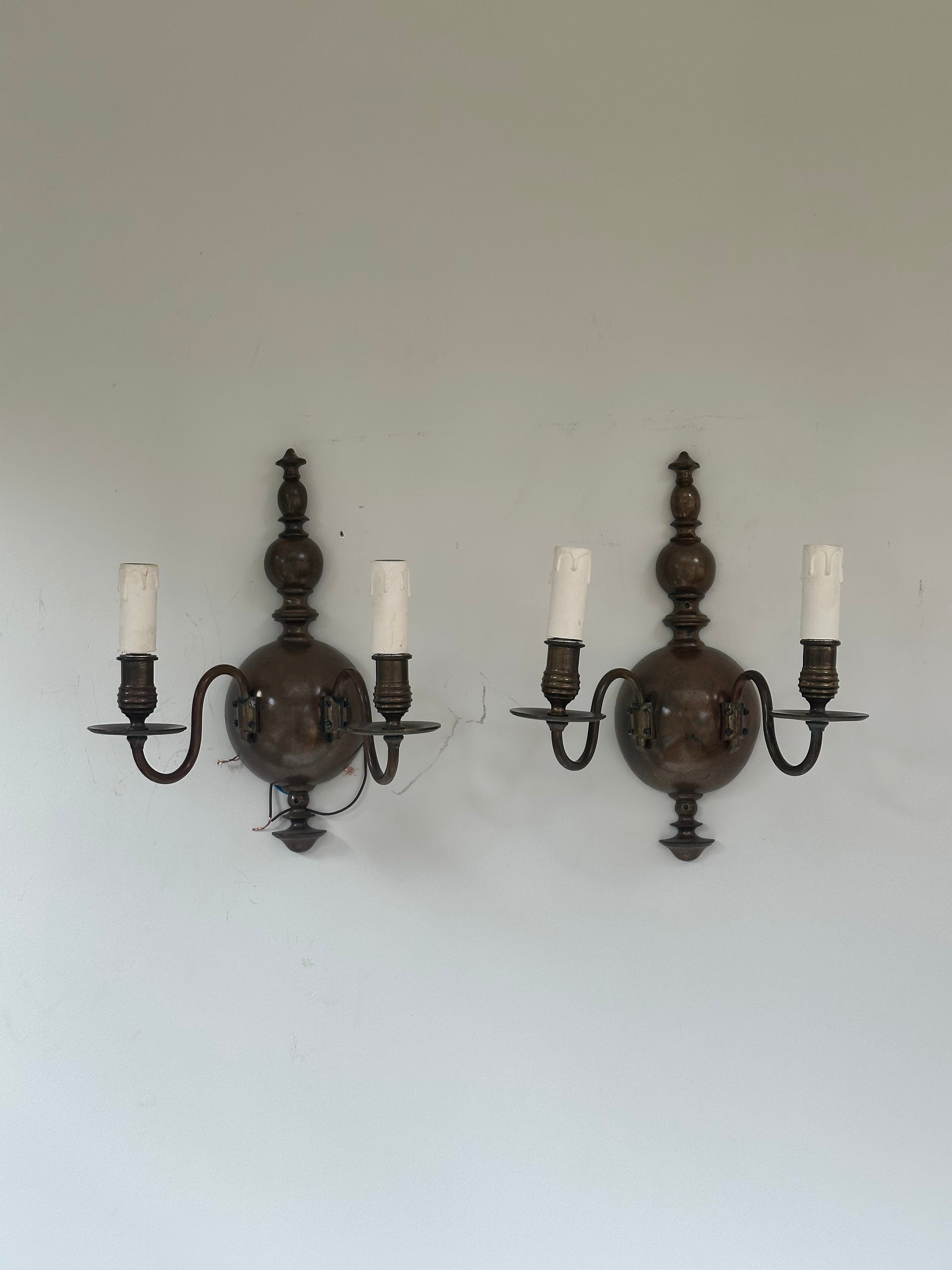 C1900 Pair of English Wall Lights in Original Patinated Brass Finish