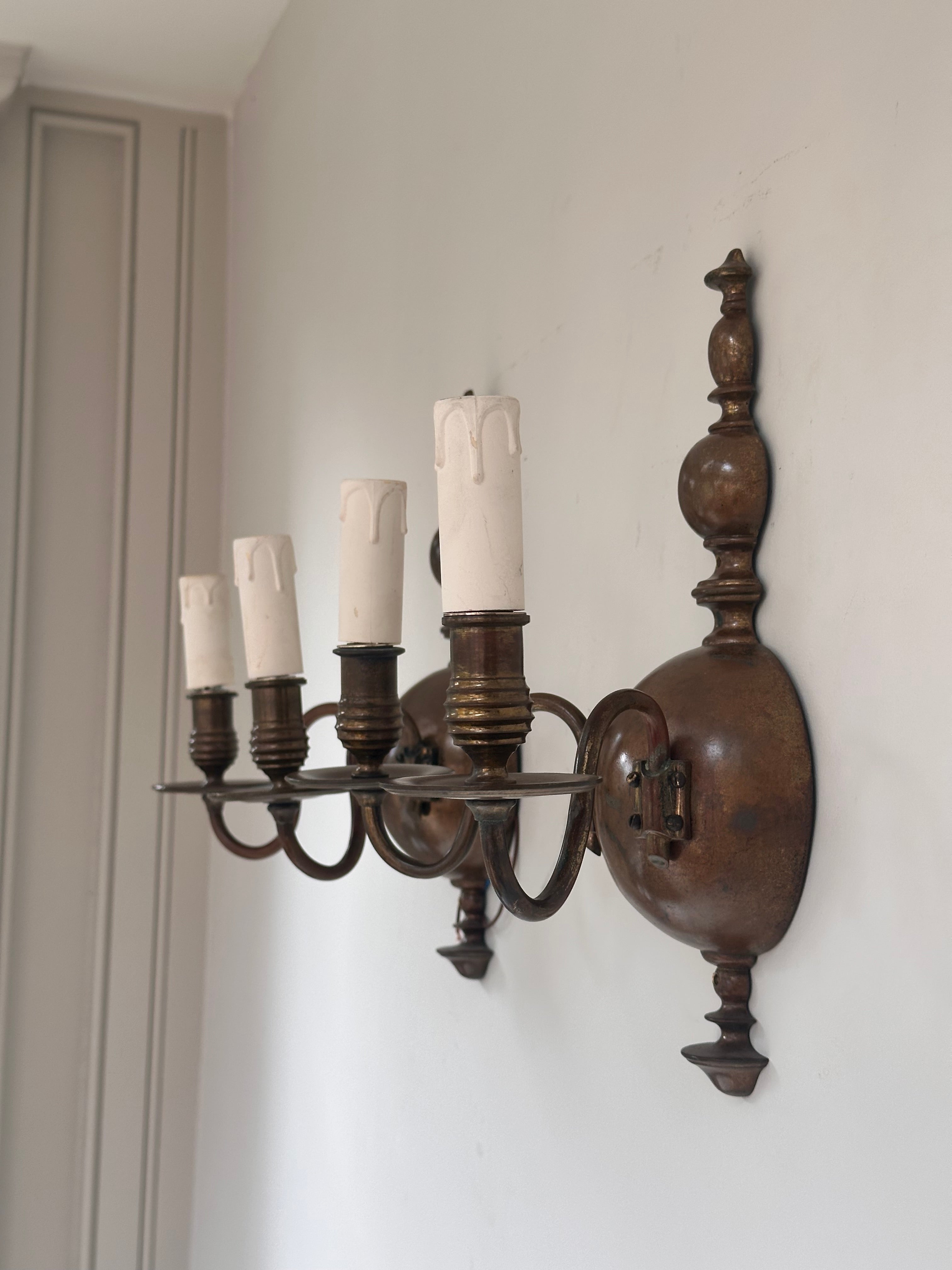 C1900 Pair of English Wall Lights in Original Patinated Brass Finish