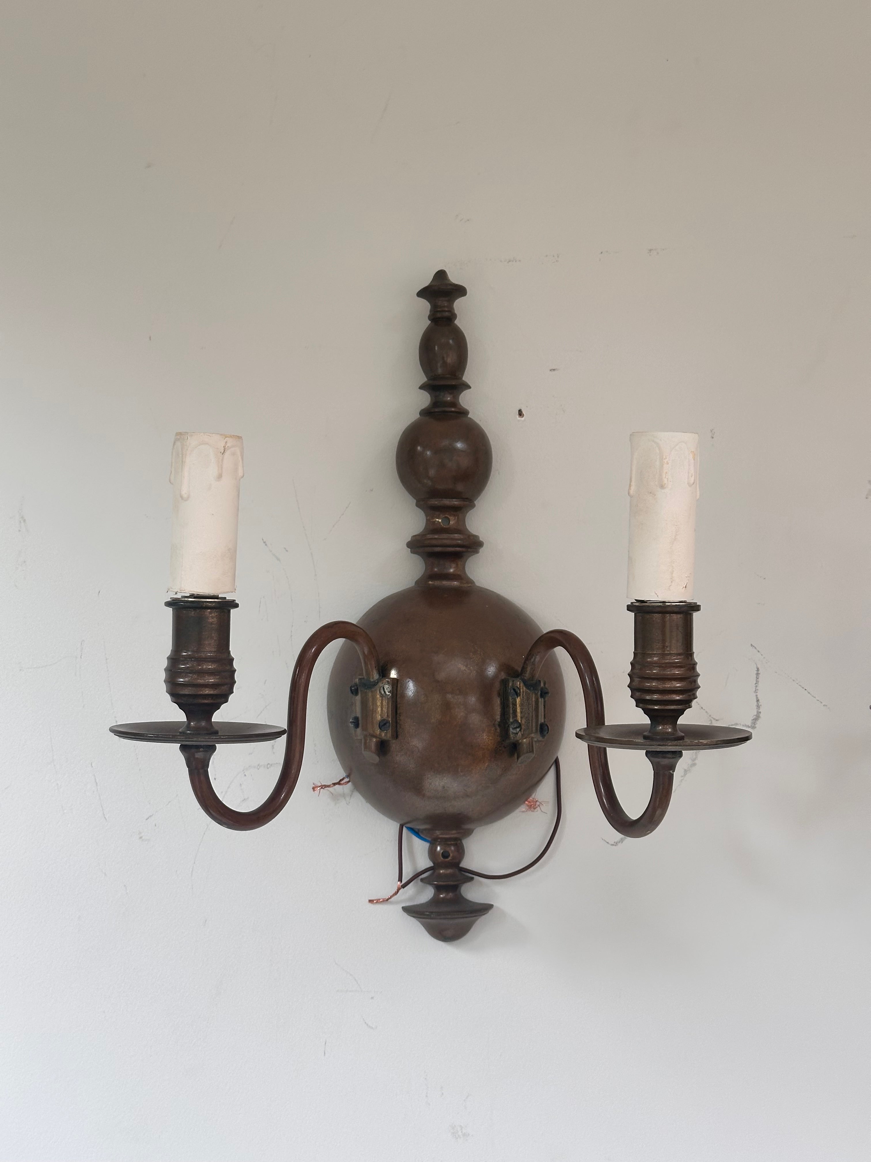 C1900 Pair of English Wall Lights in Original Patinated Brass Finish