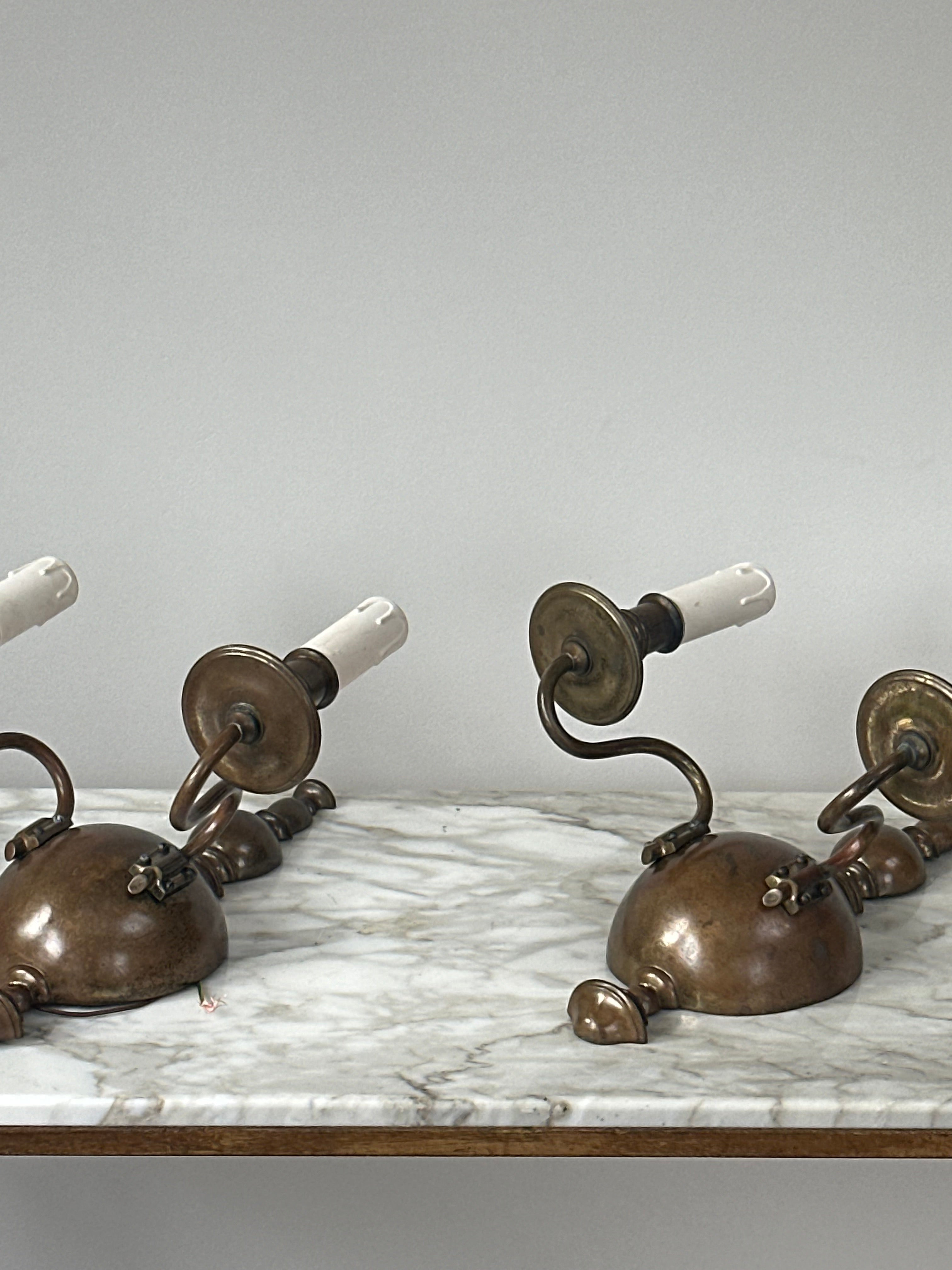 C1900 Pair of English Wall Lights in Original Patinated Brass Finish