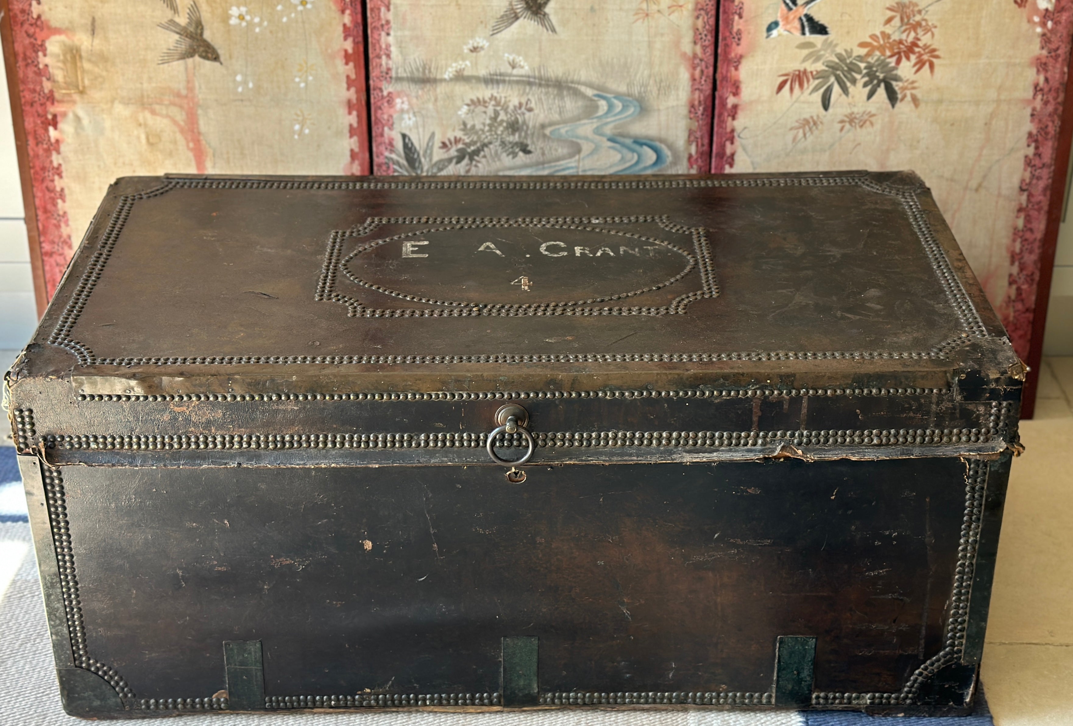 Rare 19th Century  large leather & camphor wood campaign chest