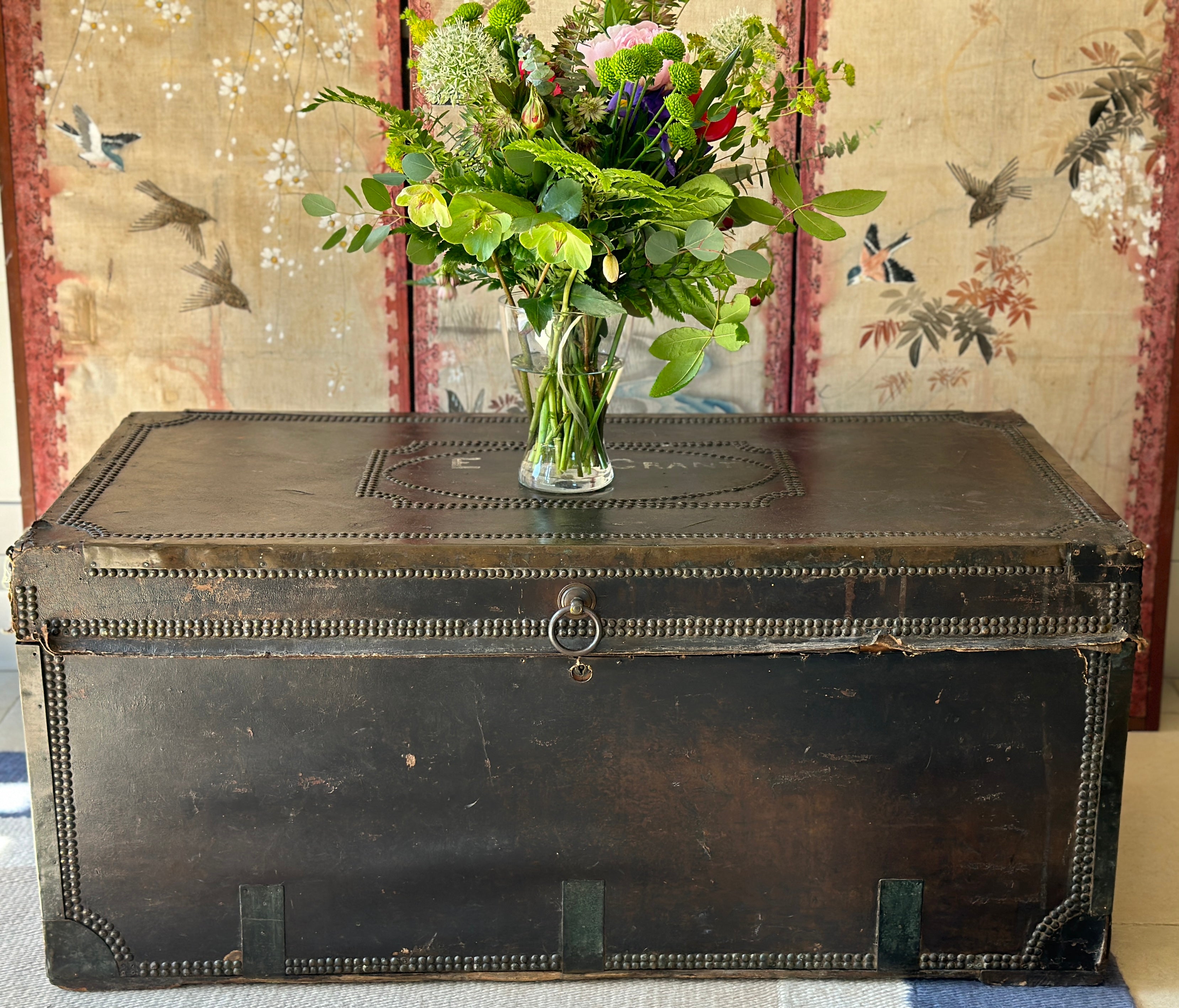 Rare 19th Century  large leather & camphor wood campaign chest