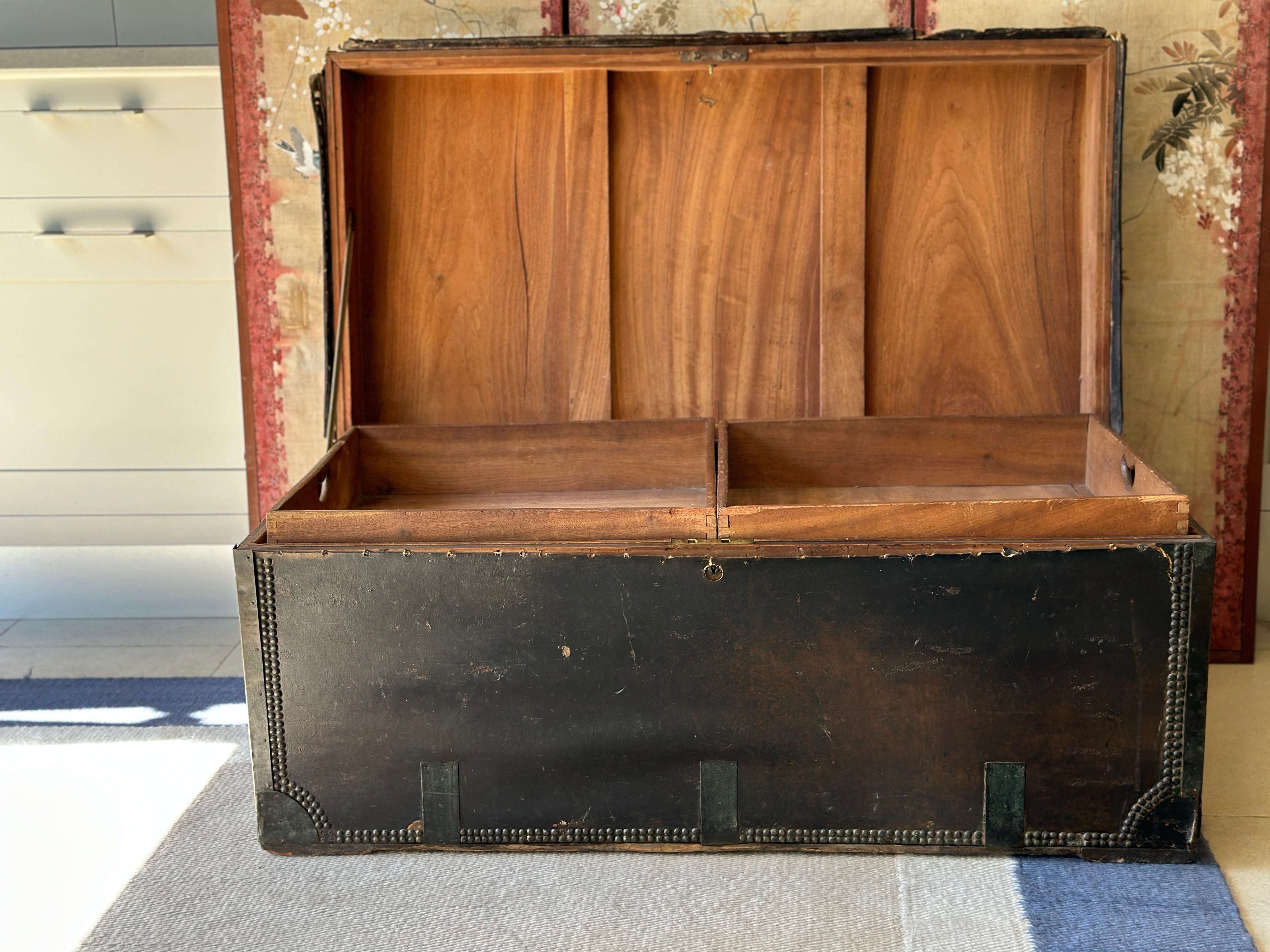 Rare 19th Century  large leather & camphor wood campaign chest