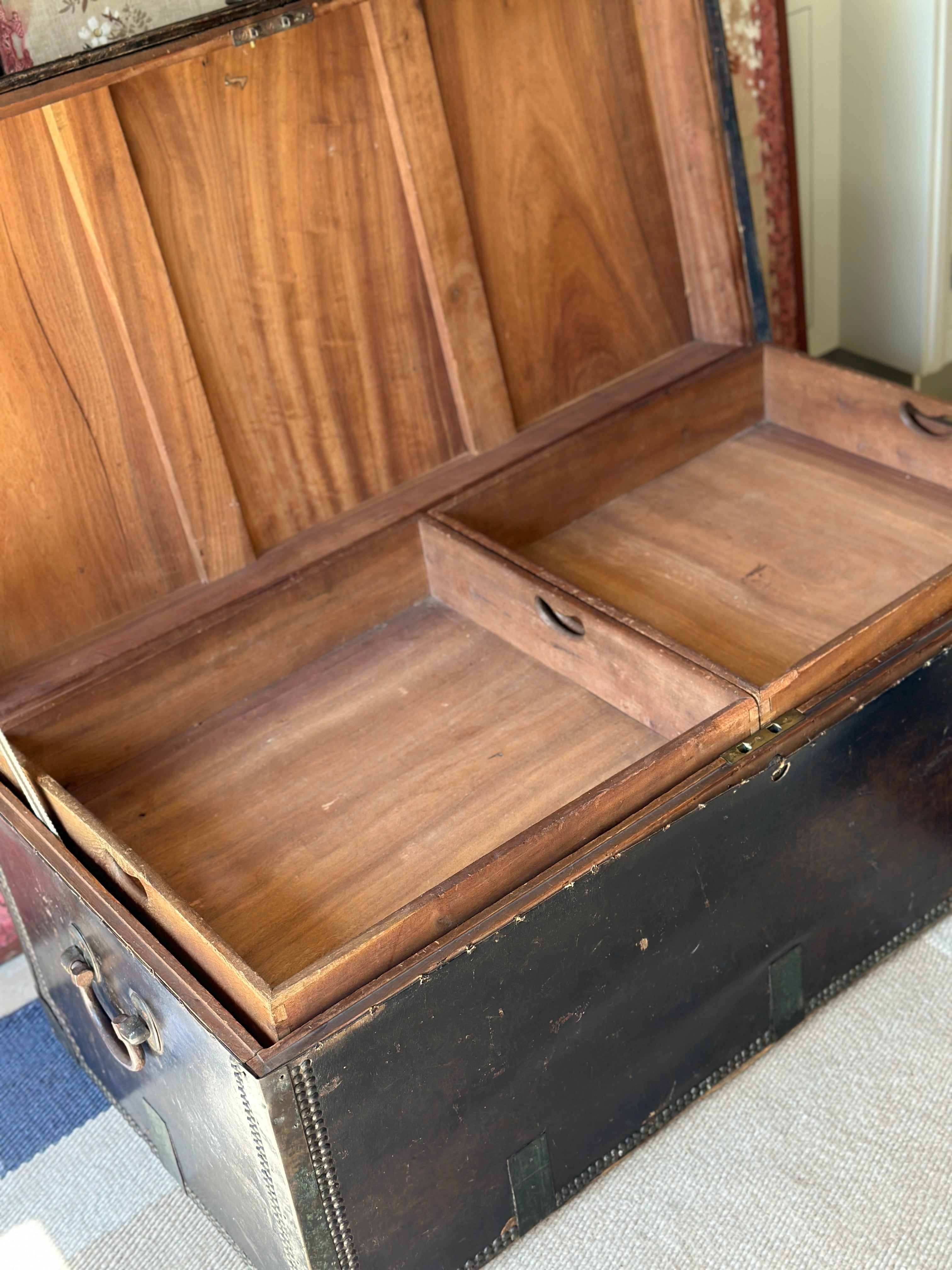 Rare 19th Century  large leather & camphor wood campaign chest