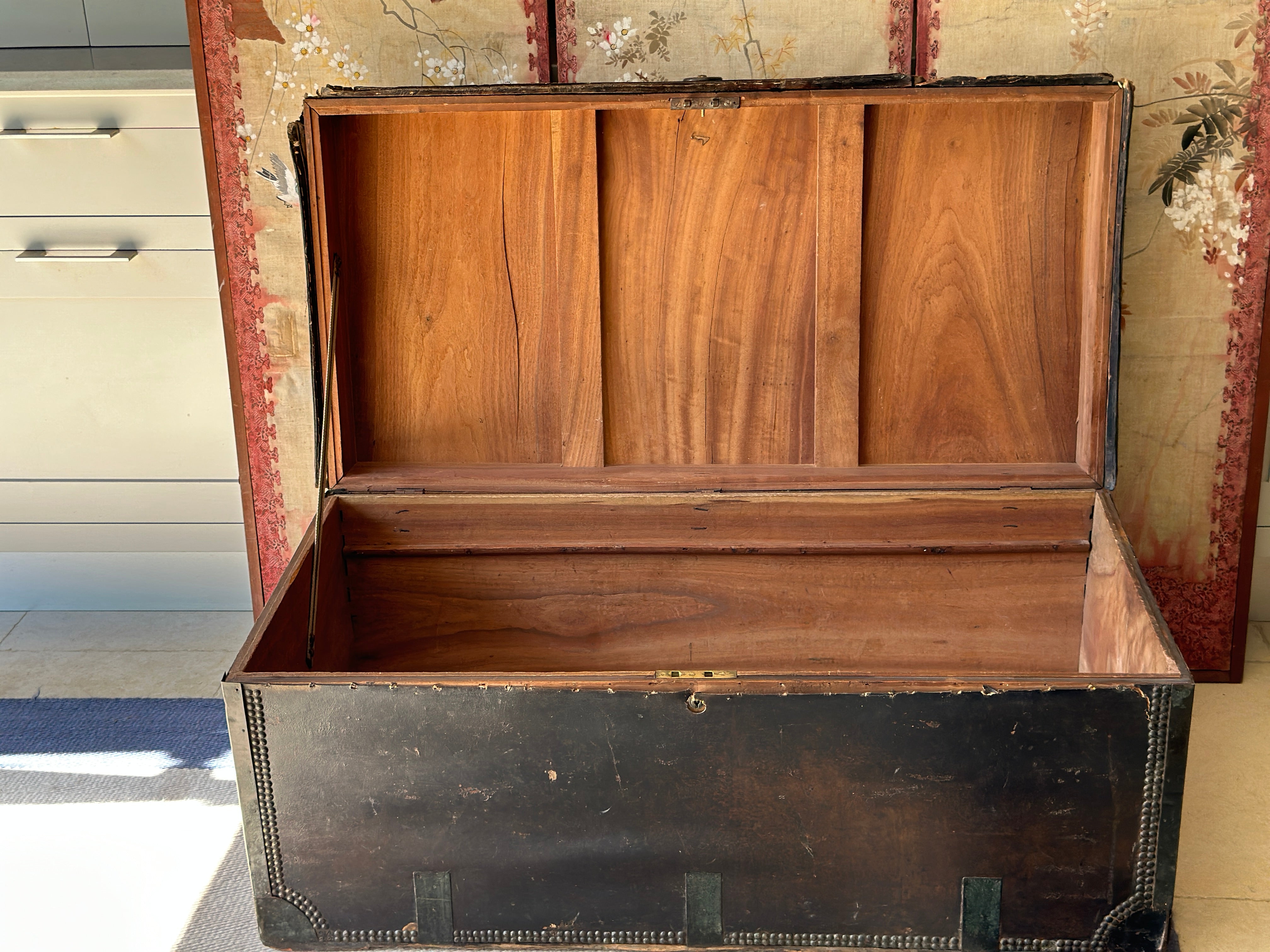 Rare 19th Century  large leather & camphor wood campaign chest