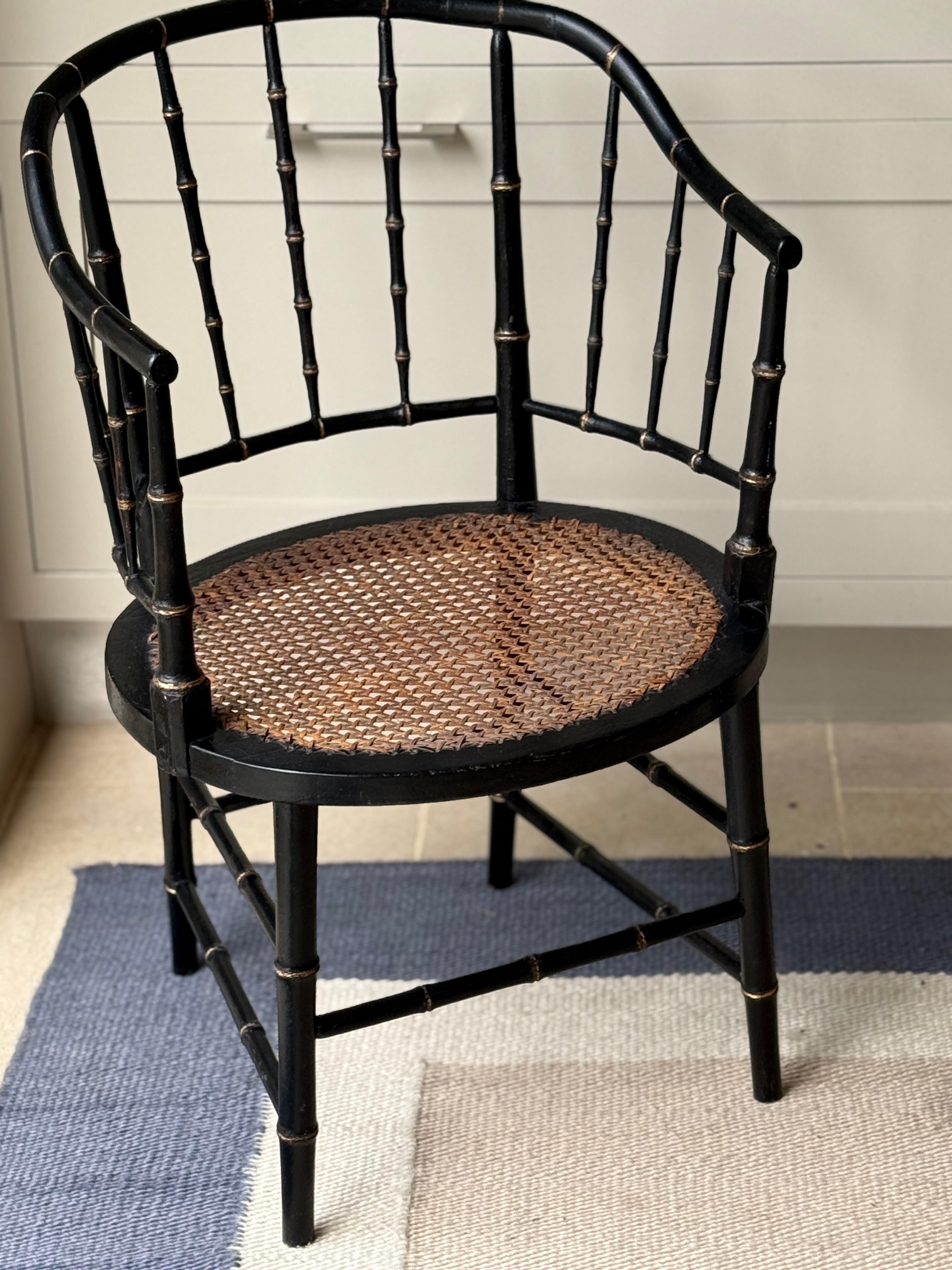 Black Painted Faux Bamboo & Cane Decorative Chair