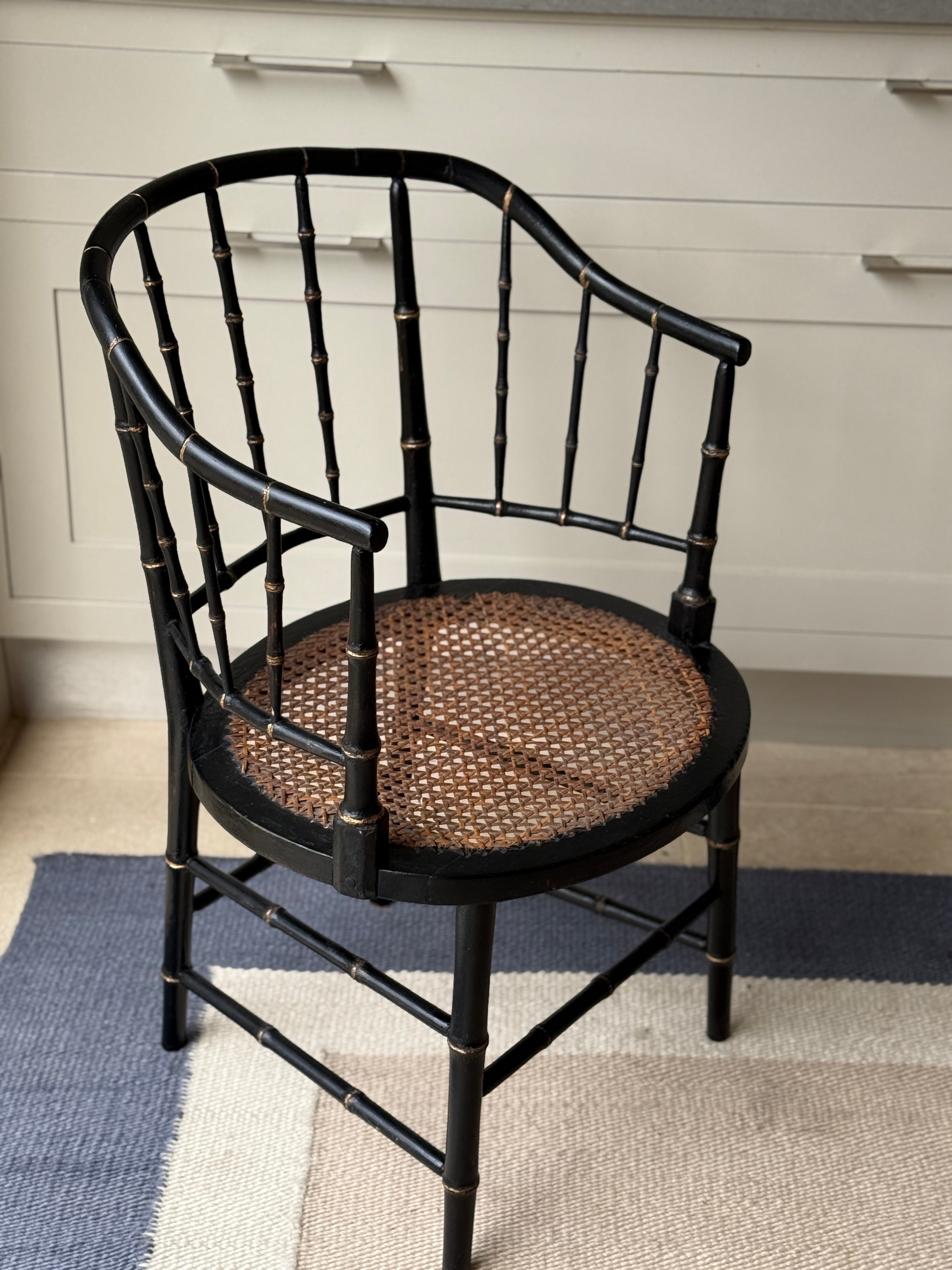 Black Painted Faux Bamboo & Cane Decorative Chair