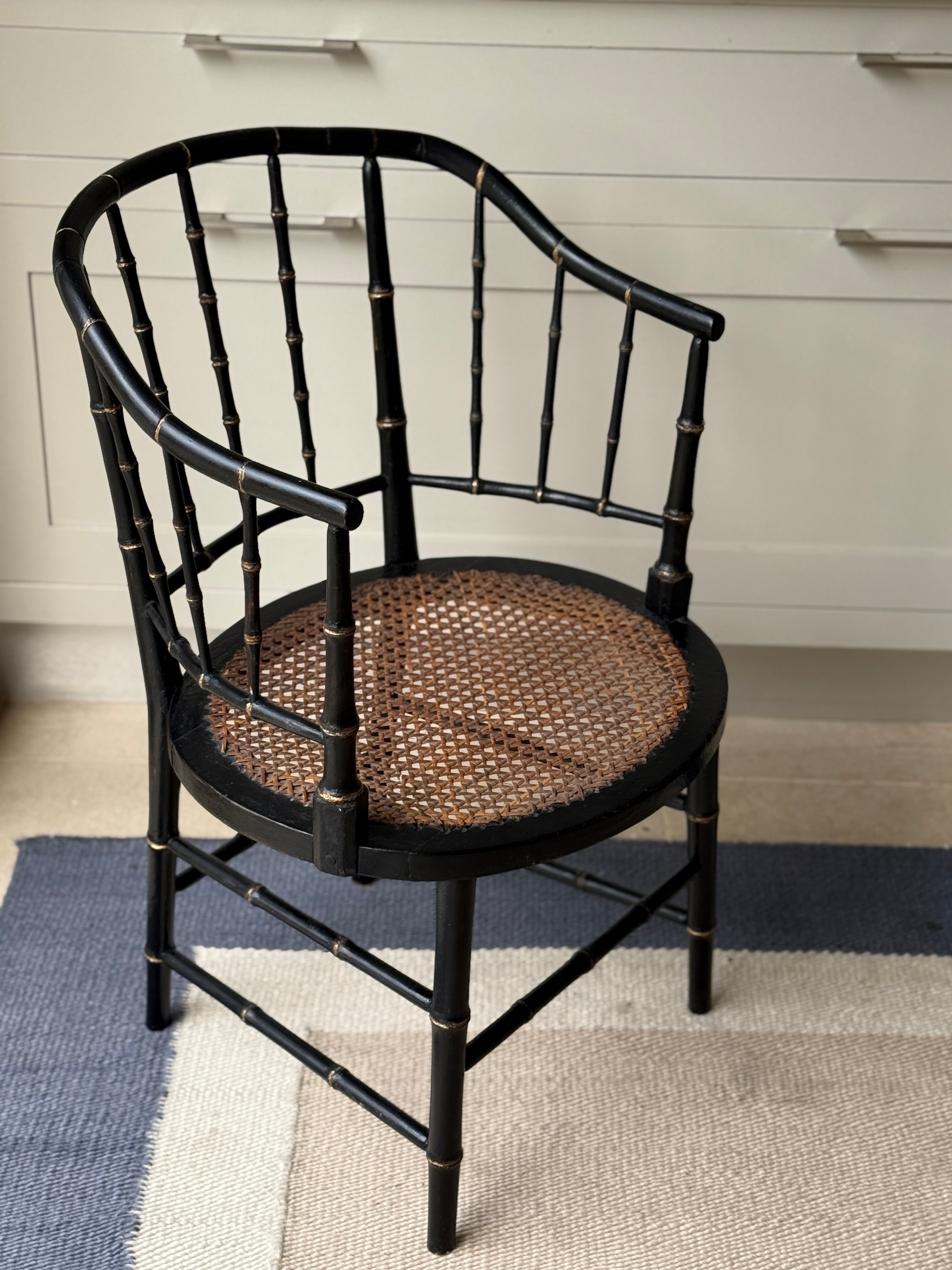 Black Painted Faux Bamboo & Cane Decorative Chair