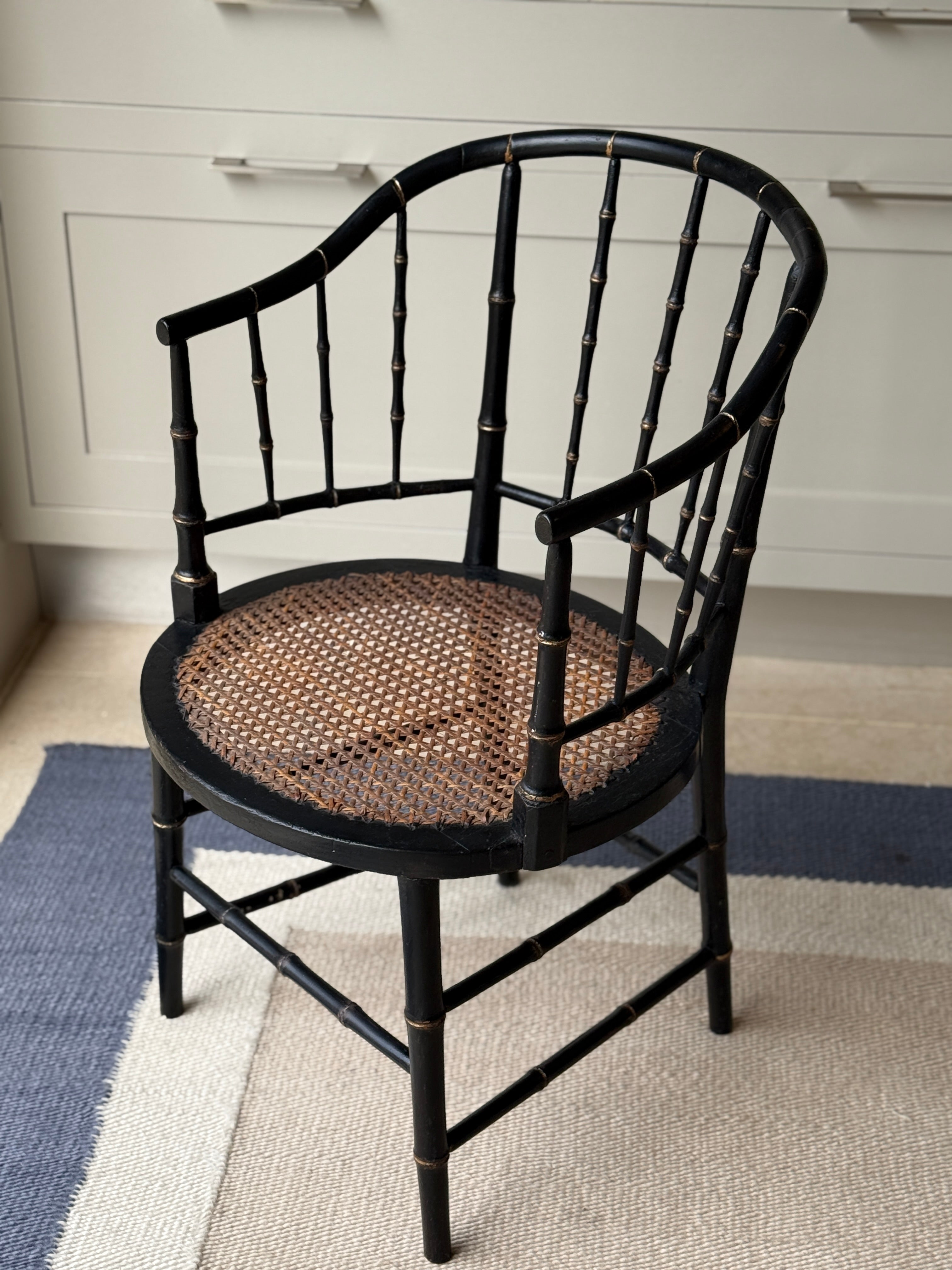 Black Painted Faux Bamboo & Cane Decorative Chair