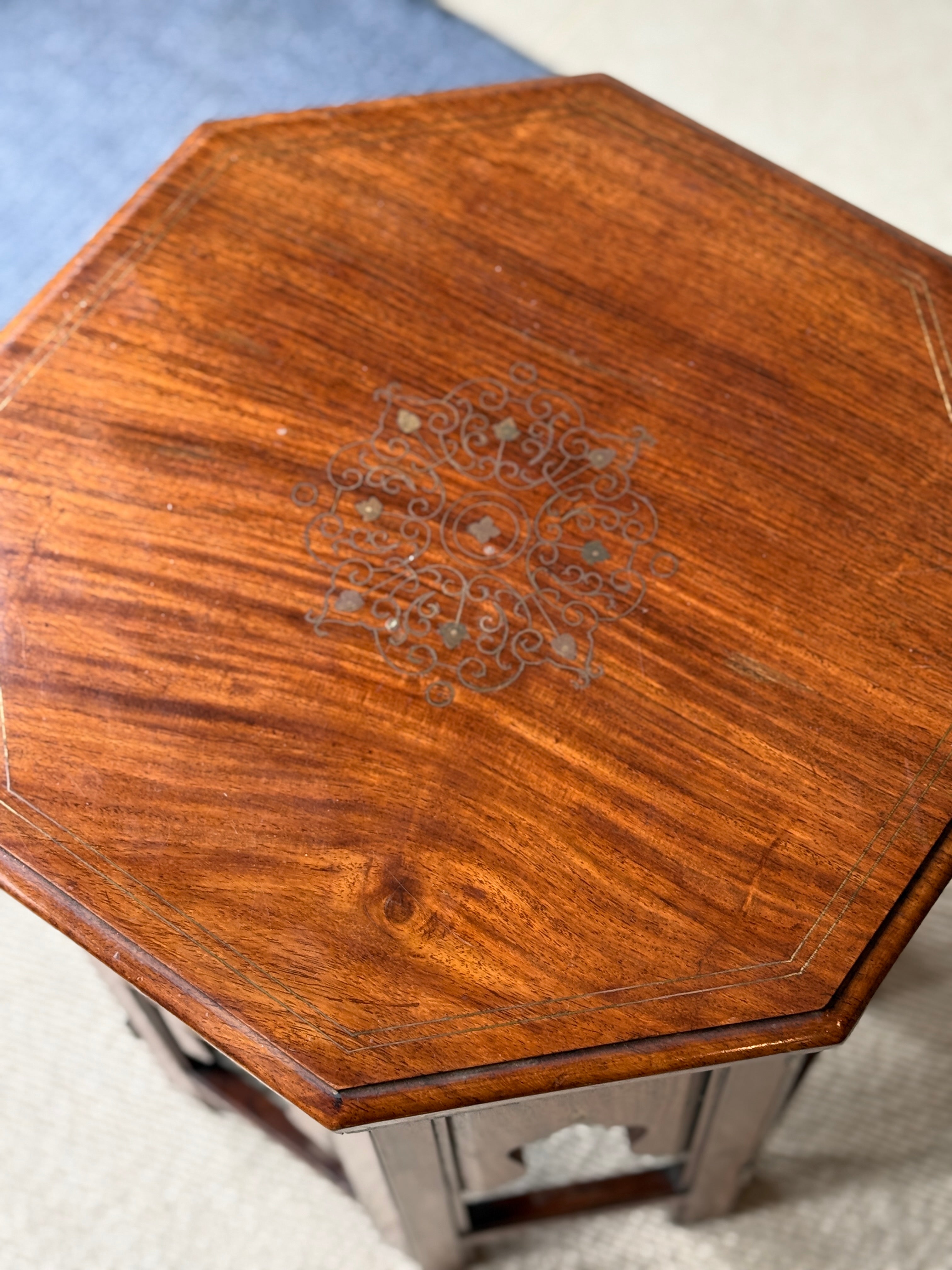 Small Indian Octagonal Table with Brass Inlay