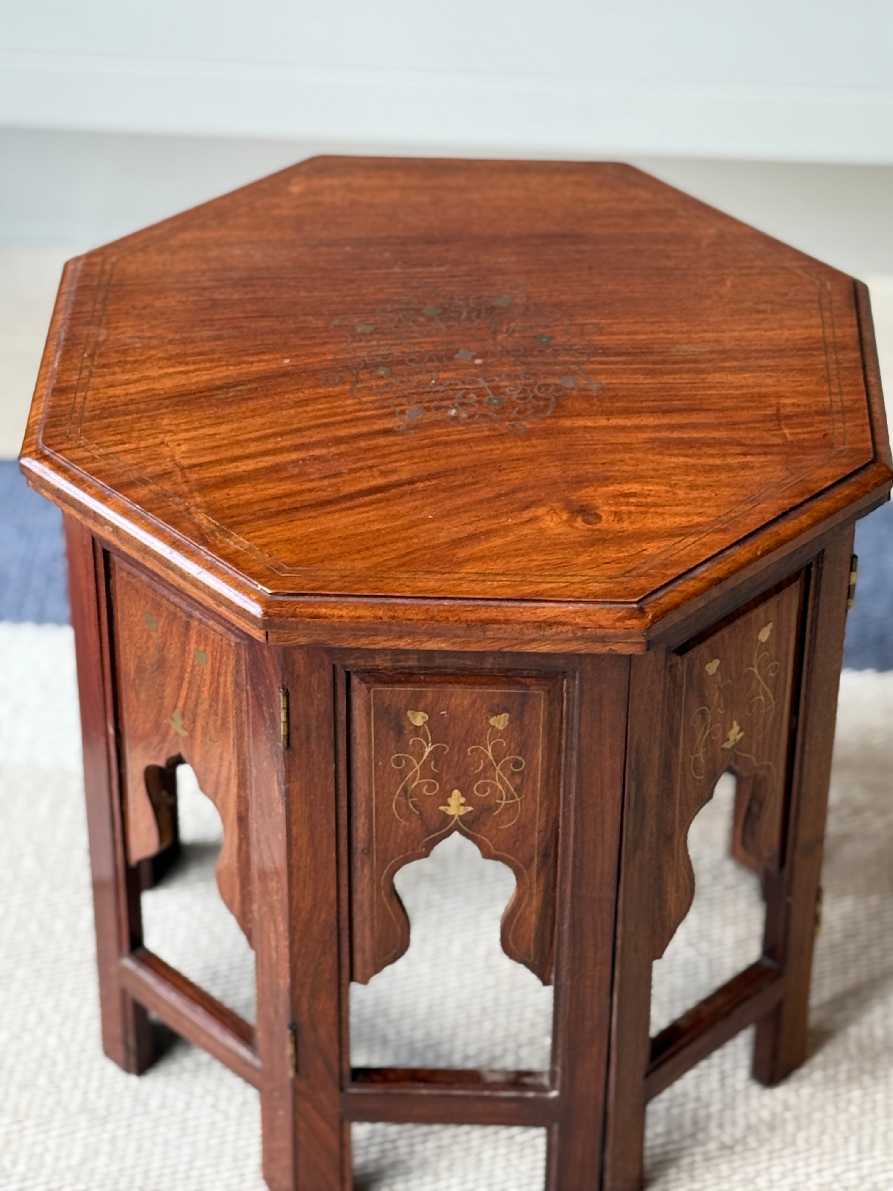 Small Indian Octagonal Table with Brass Inlay