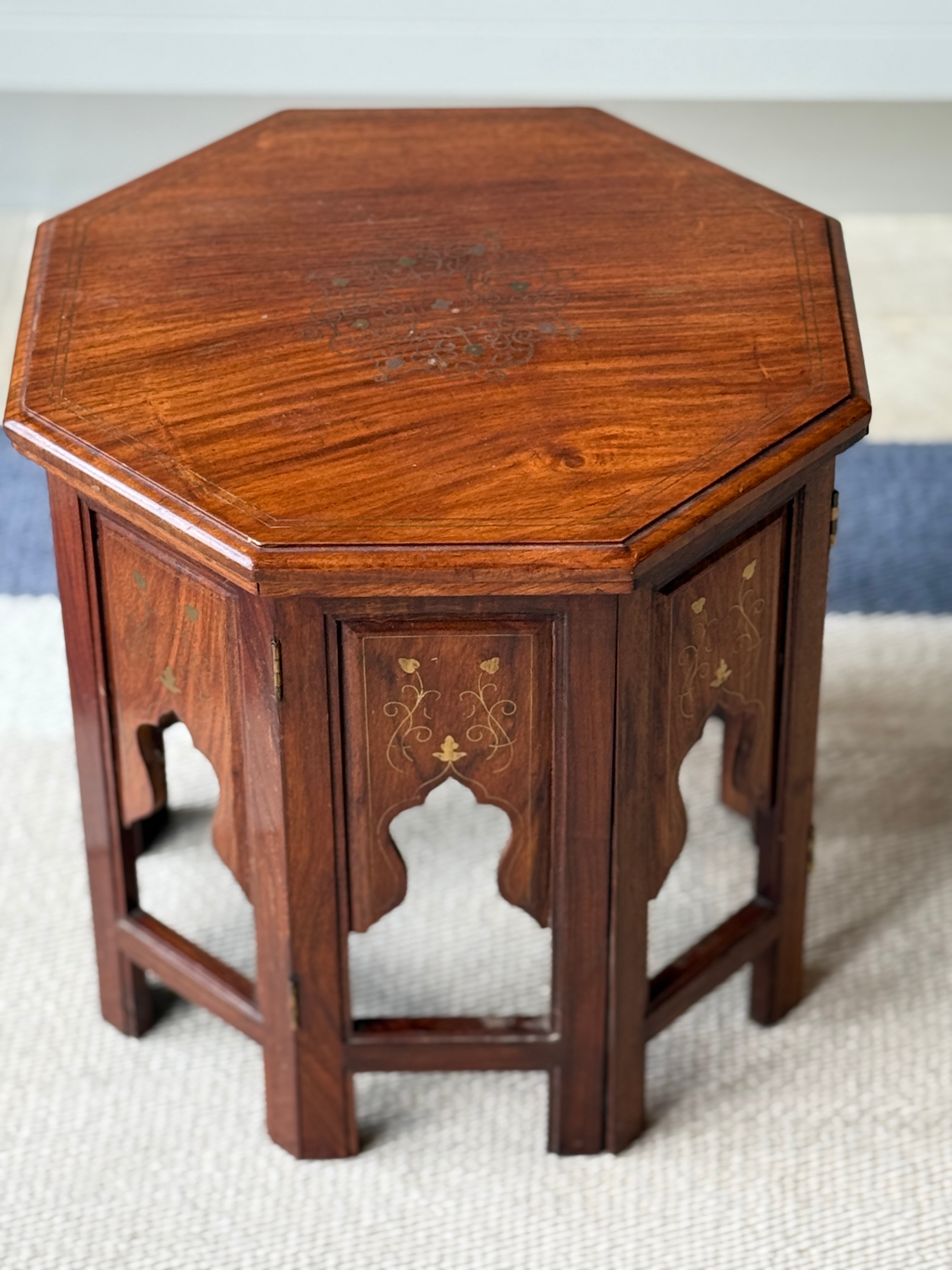 Small Indian Octagonal Table with Brass Inlay