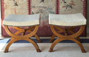 Amazing Antique Satinwood XFrame Footstools with carved lions feet