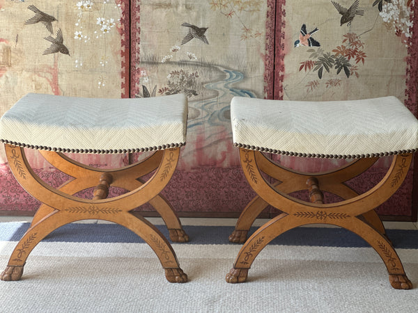 Amazing Antique Satinwood XFrame Footstools with carved lions feet