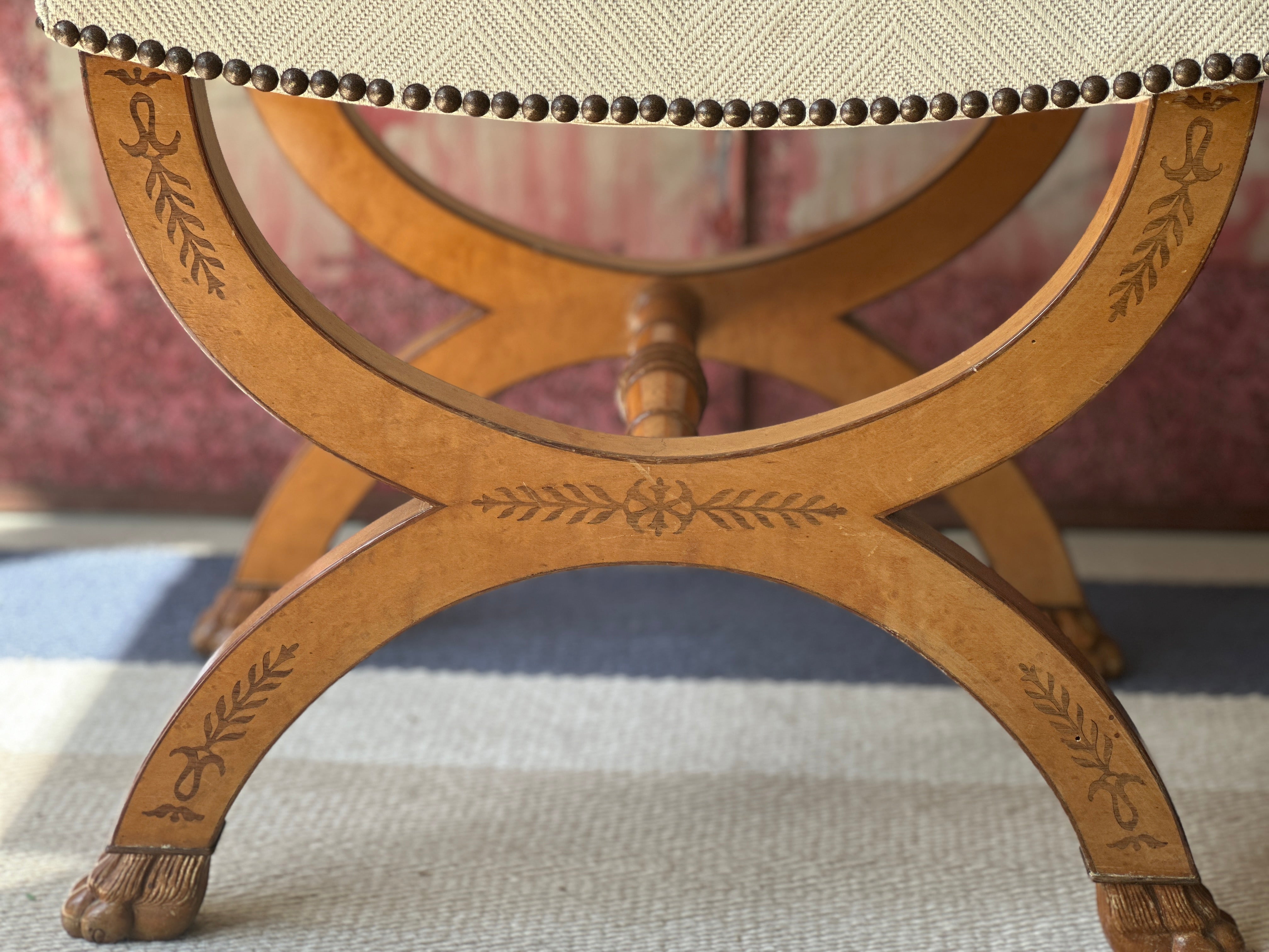 Amazing Antique Satinwood XFrame Footstools with carved lions feet