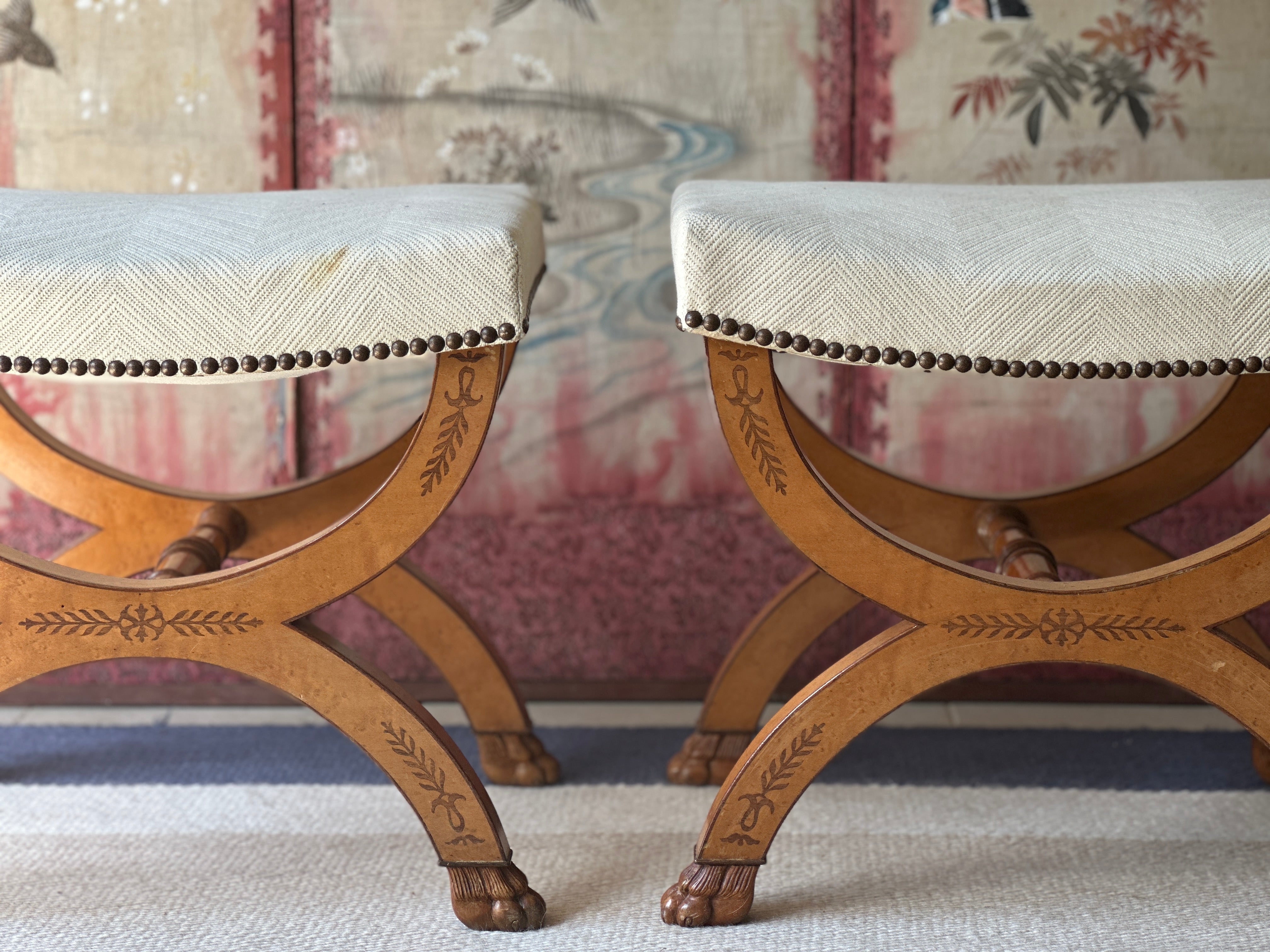 Amazing Antique Satinwood XFrame Footstools with carved lions feet