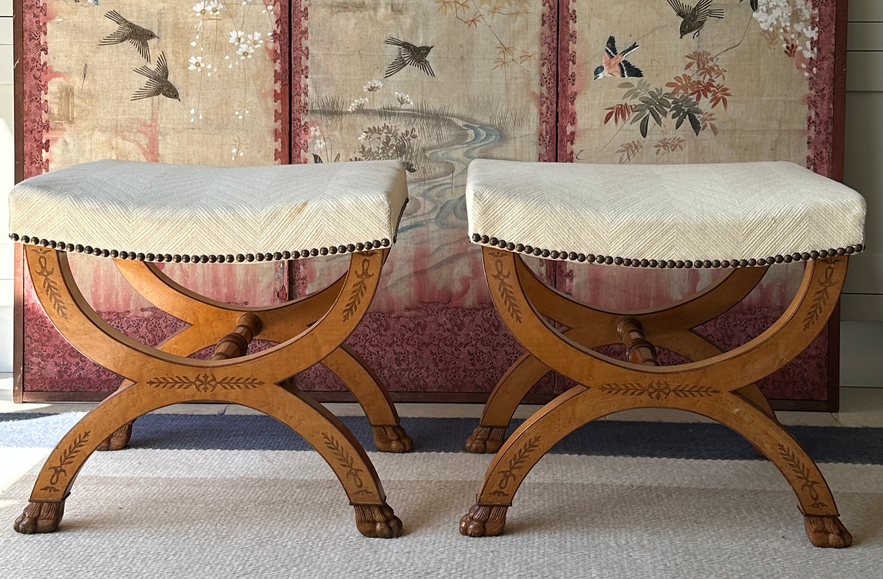 Amazing Antique Satinwood XFrame Footstools with carved lions feet