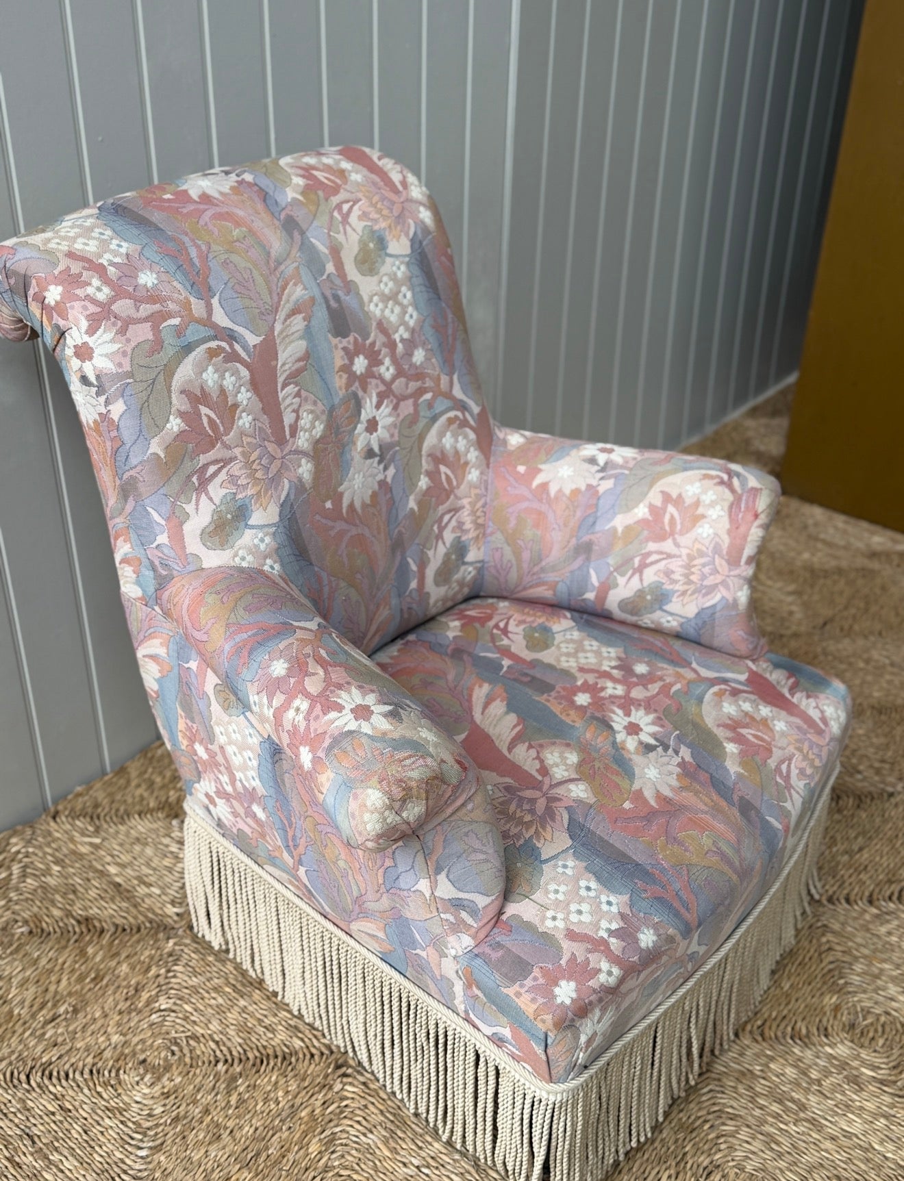 Single Floral Scroll Back Armchairs with Fringe