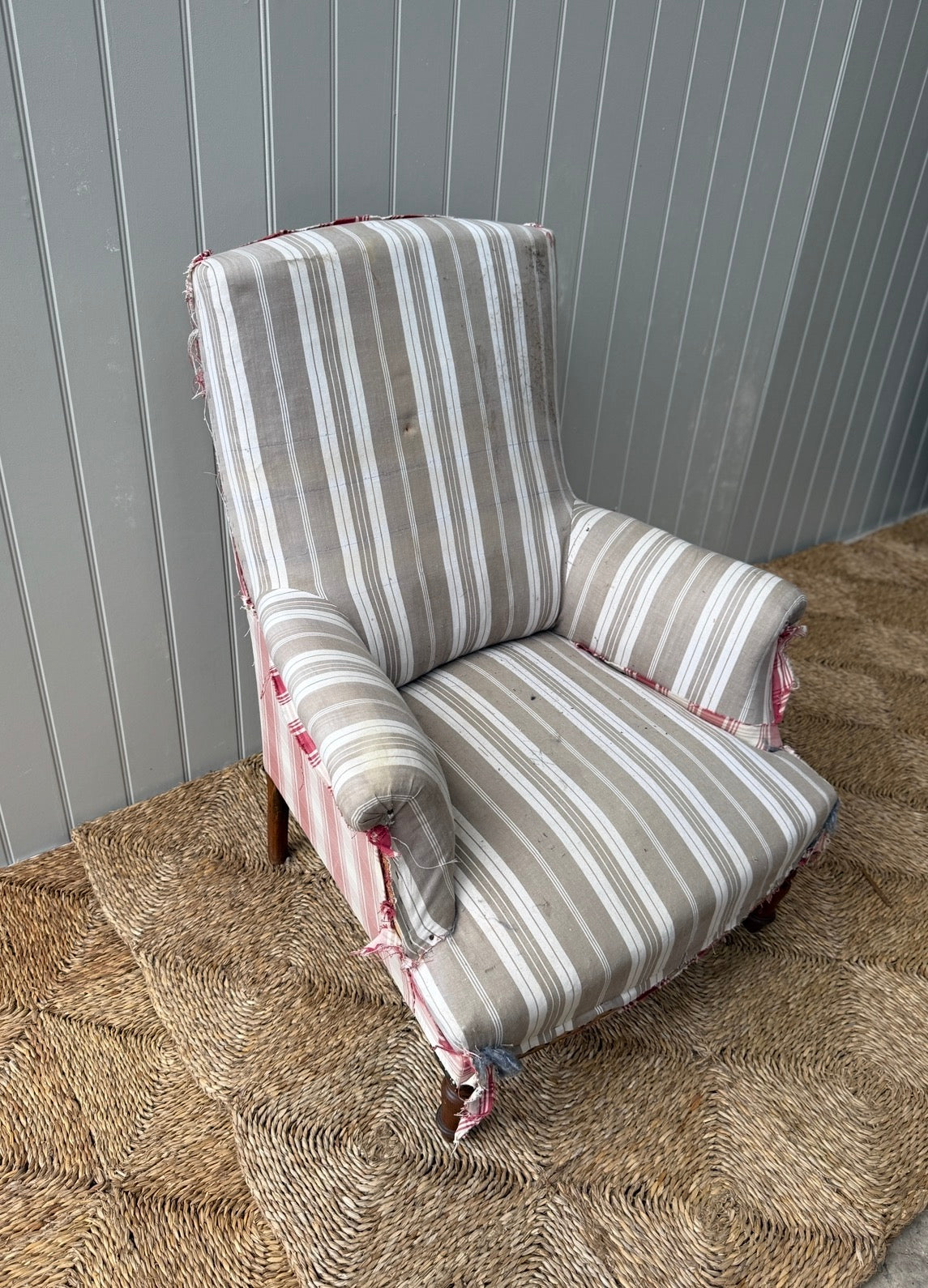 Single Square Back in Stripy Beige and Cream Calico