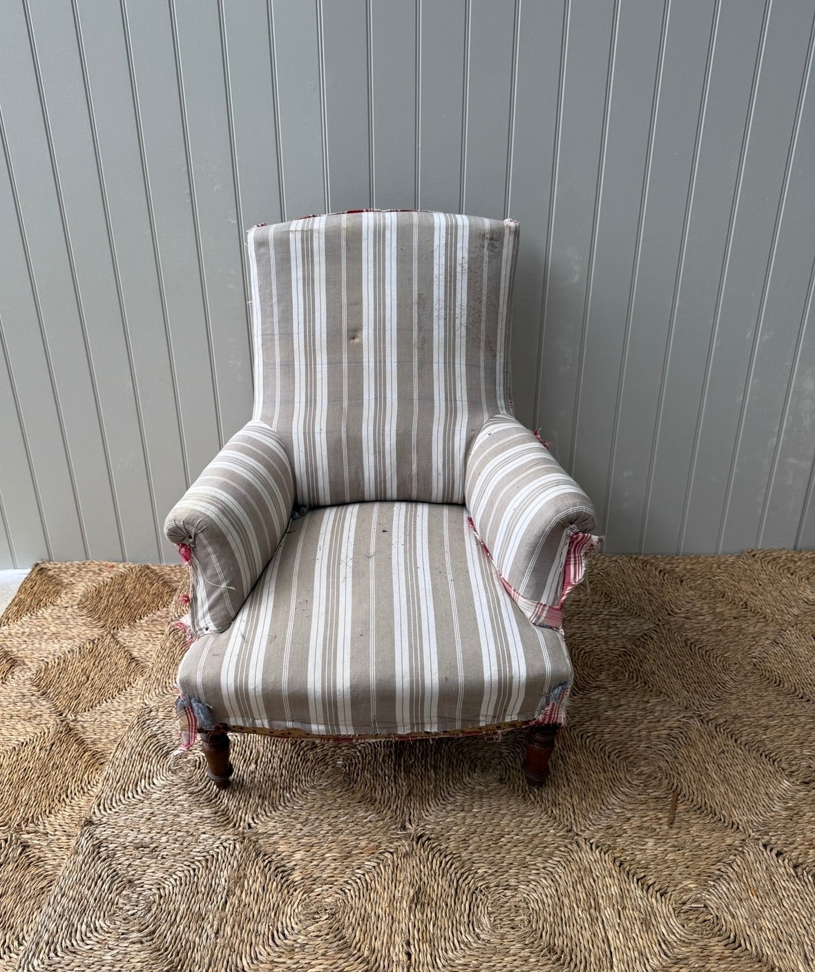 Single Square Back in Stripy Beige and Cream Calico