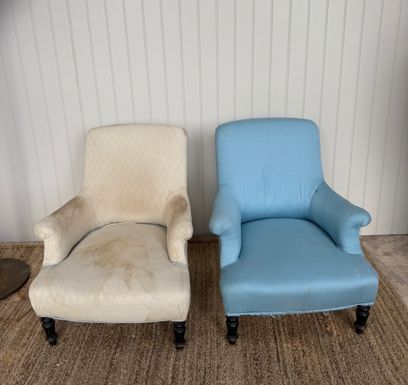 Pair of French Squareback Armchairs in Calico & Blue