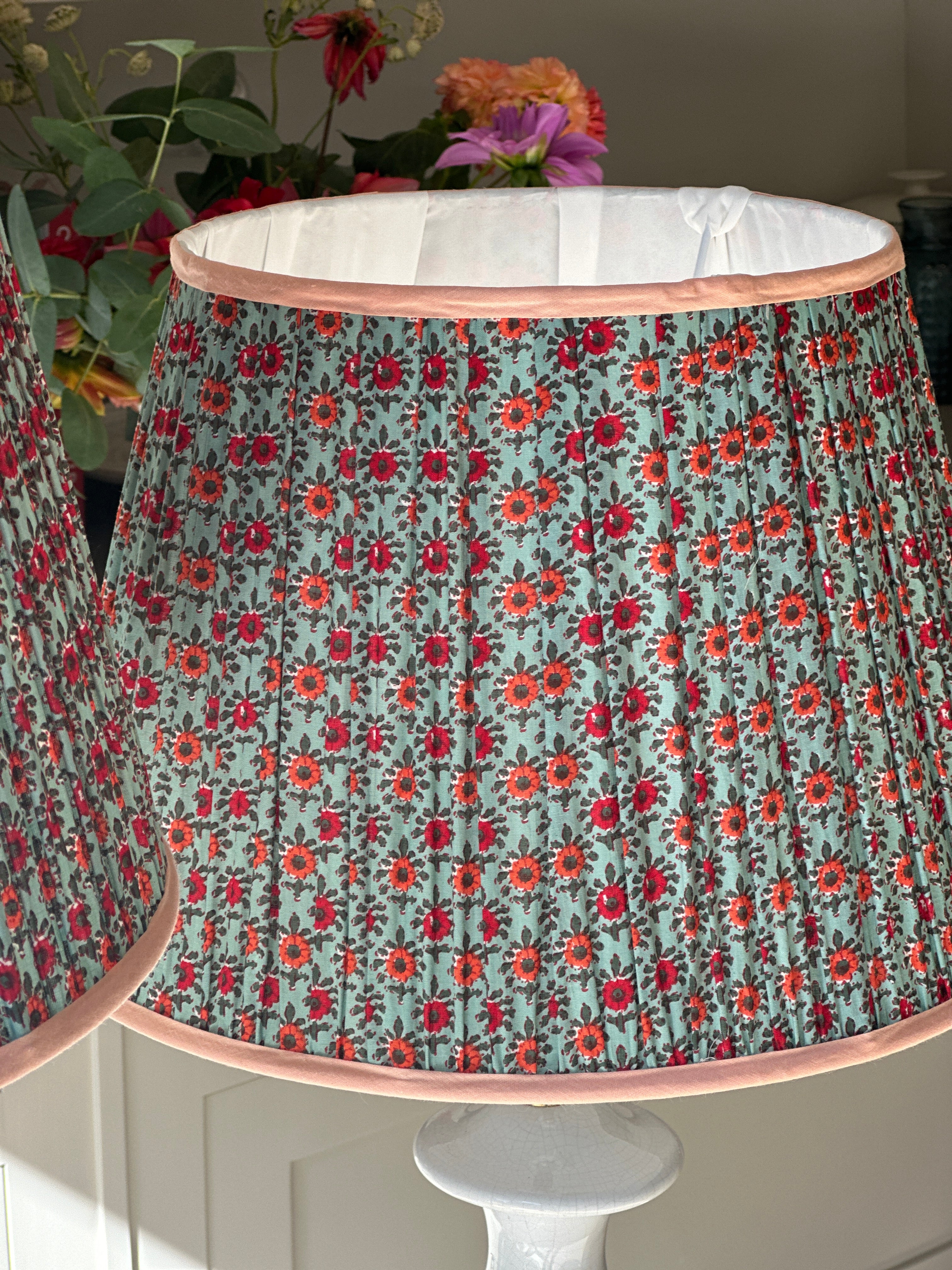 Large Duck Egg Blue Lampshade with red and orange flowers with orange piping  (18 inch)