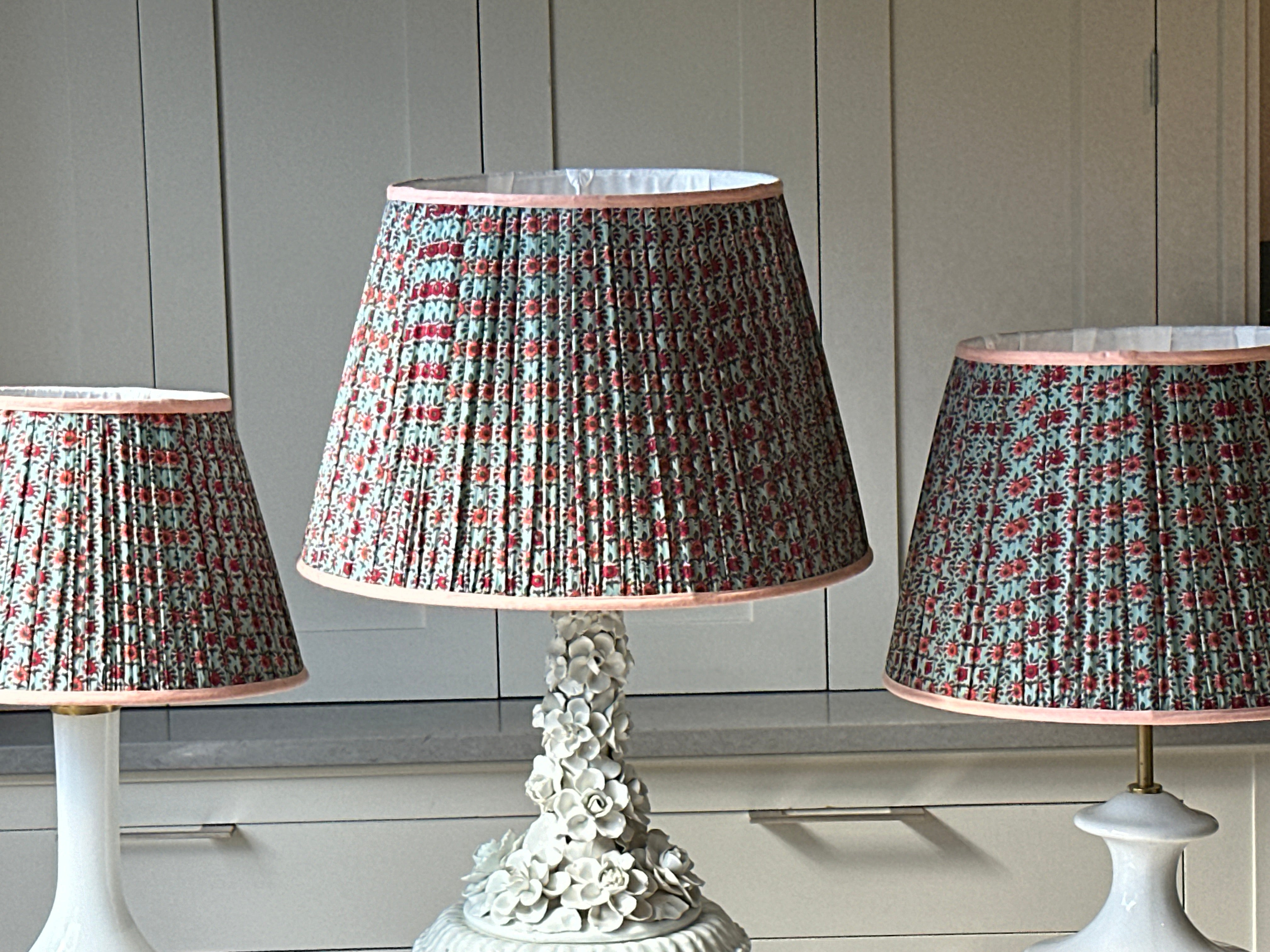 Medium Duck Egg Blue Lampshade with red and orange flowers with orange piping  (16 inch)