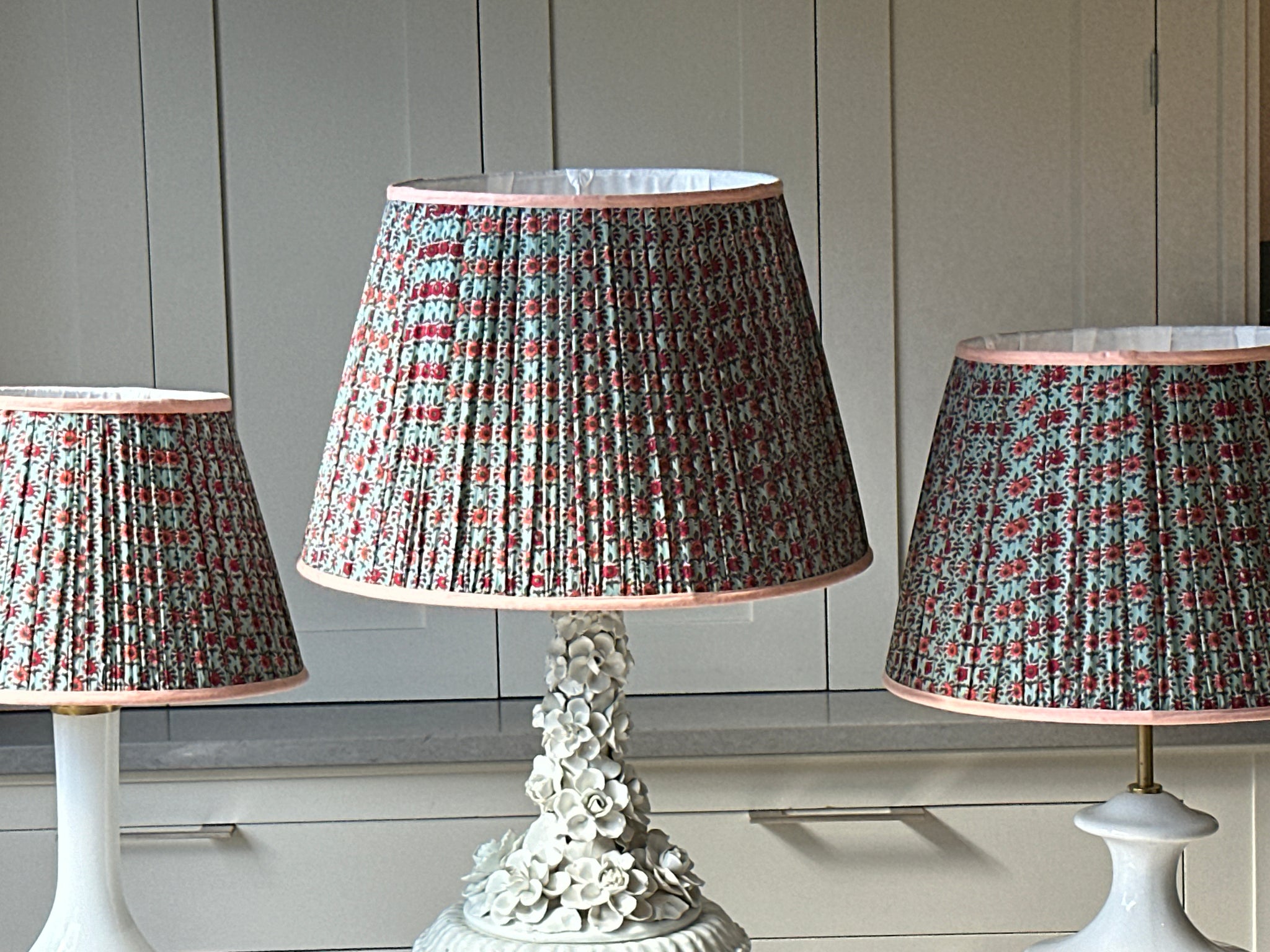 Large Duck Egg Blue Lampshade with red and orange flowers with orange piping  (18 inch)