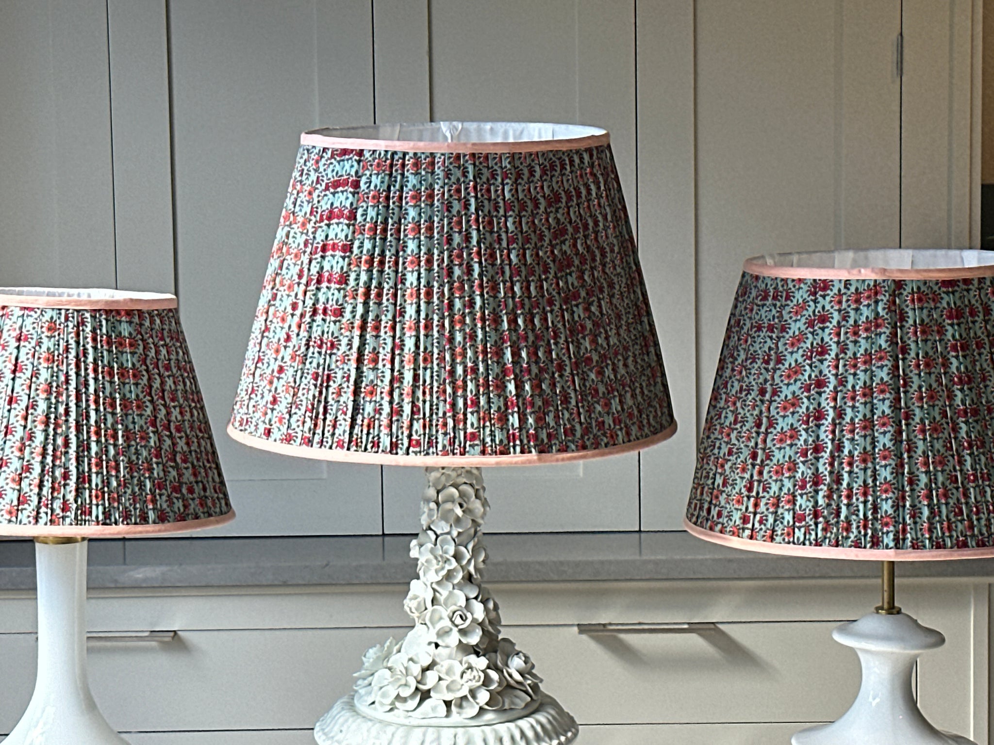 Medium Duck Egg Blue Lampshade with red and orange flowers with orange piping  (16 inch)